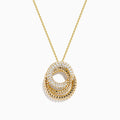 The 14K Yellow Gold Diamond Interlocking Double Circle Pendant features two connected circles—one smooth with diamonds, the other textured—suspended from a delicate gold chain for an elegant look.