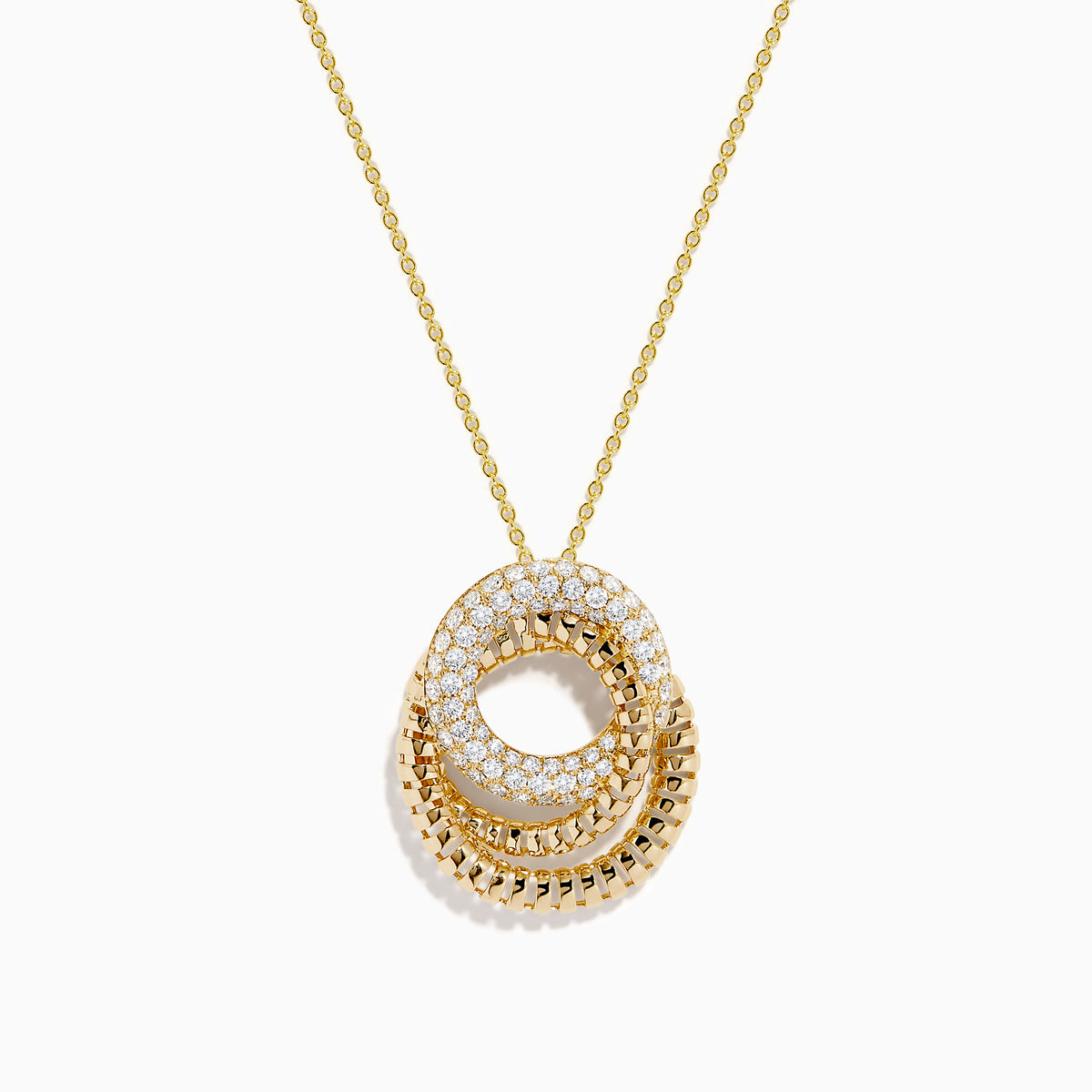 The 14K Yellow Gold Diamond Interlocking Double Circle Pendant features two connected circles—one smooth with diamonds, the other textured—suspended from a delicate gold chain for an elegant look.