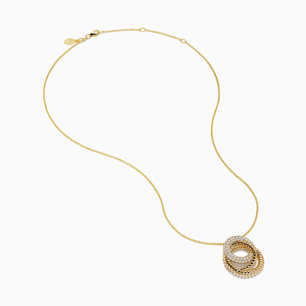 The 14K Yellow Gold Diamond Interlocking Double Circle Pendant features two connected circles—one smooth with diamonds, the other textured—suspended from a delicate gold chain for an elegant look.