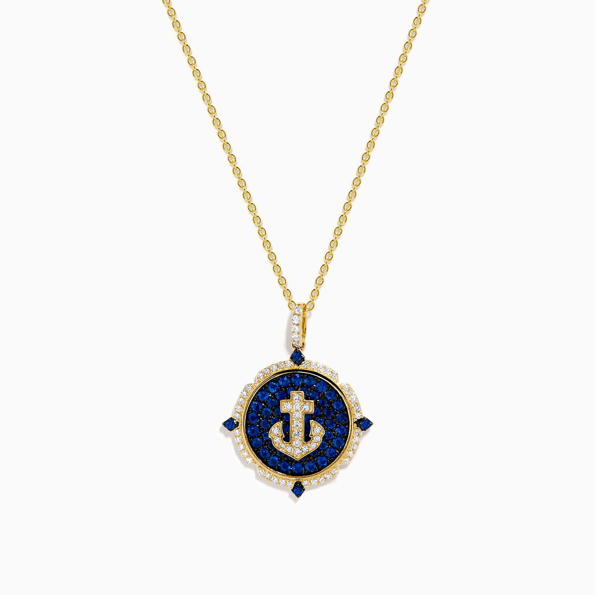 14K Yellow Gold Blue Sapphire and Diamond Anchor Medallion Pendant