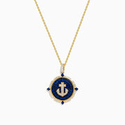 14K Yellow Gold Blue Sapphire and Diamond Anchor Medallion Pendant