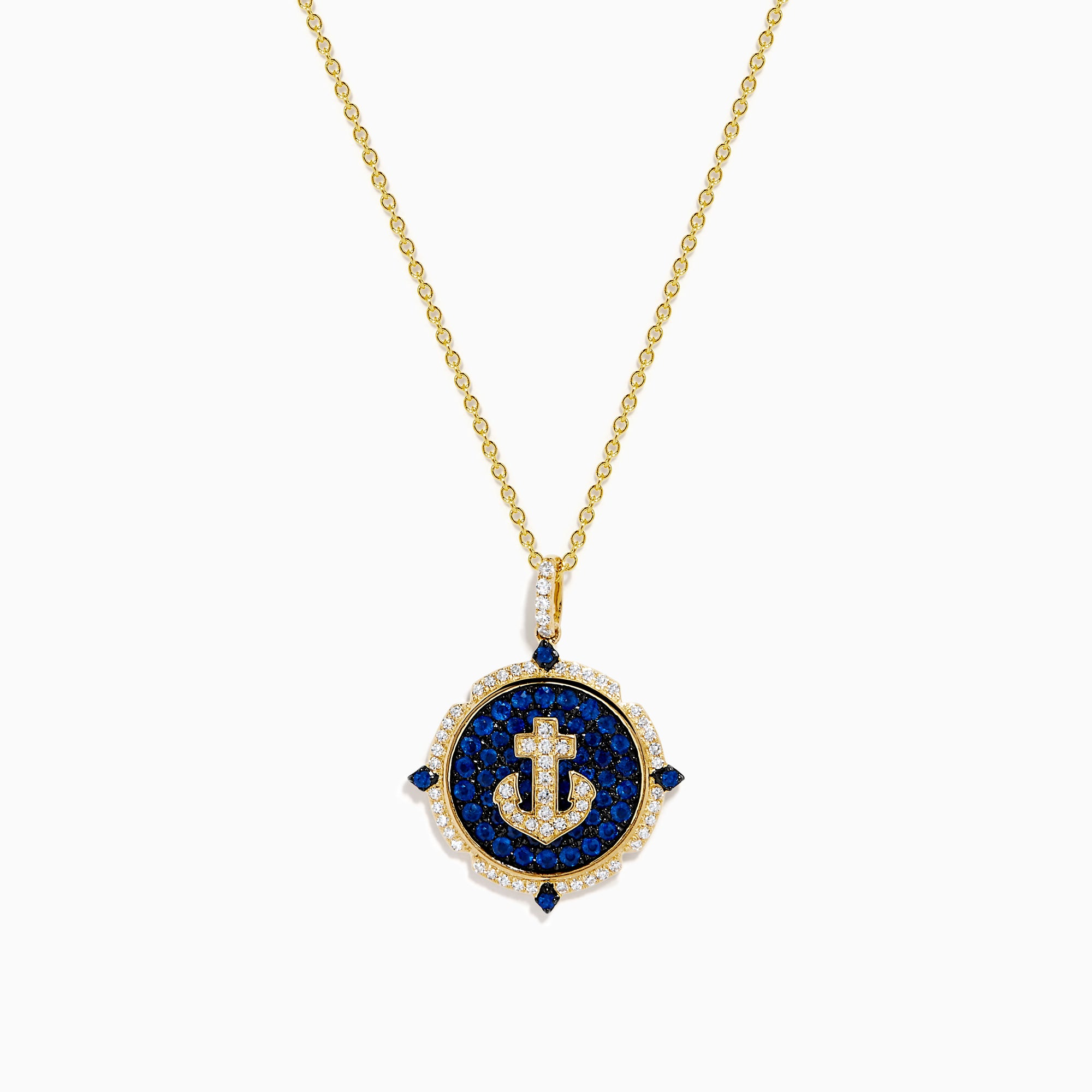 14K Yellow Gold Blue Sapphire and Diamond Anchor Medallion Pendant