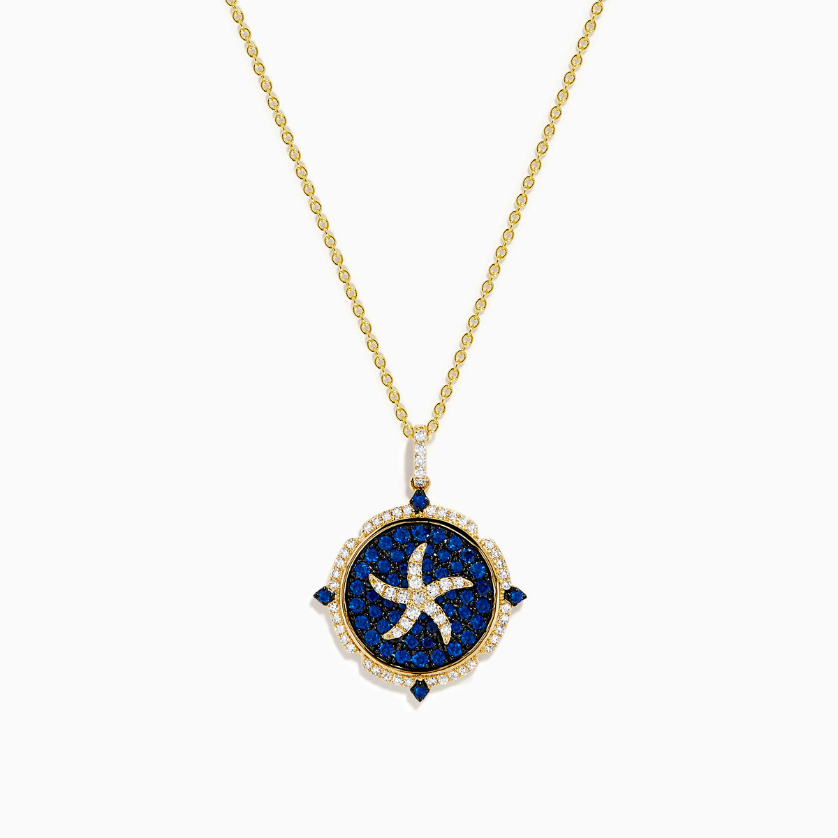 14K Yellow Gold Blue Sapphire and Diamond Starfish Medallion Pendant