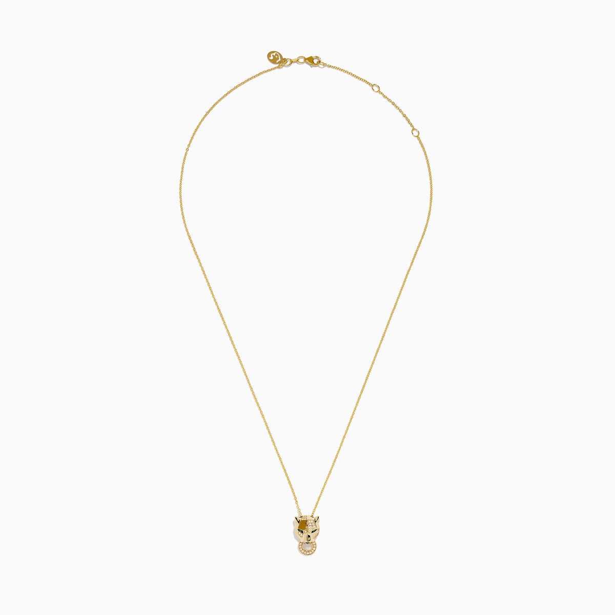 The Signature 14K Yellow Gold Diamond and Tsavorite Panther Pendant showcases a panther’s head with tsavorite eyes, diamond accents, and a diamond-studded ring in its mouth.