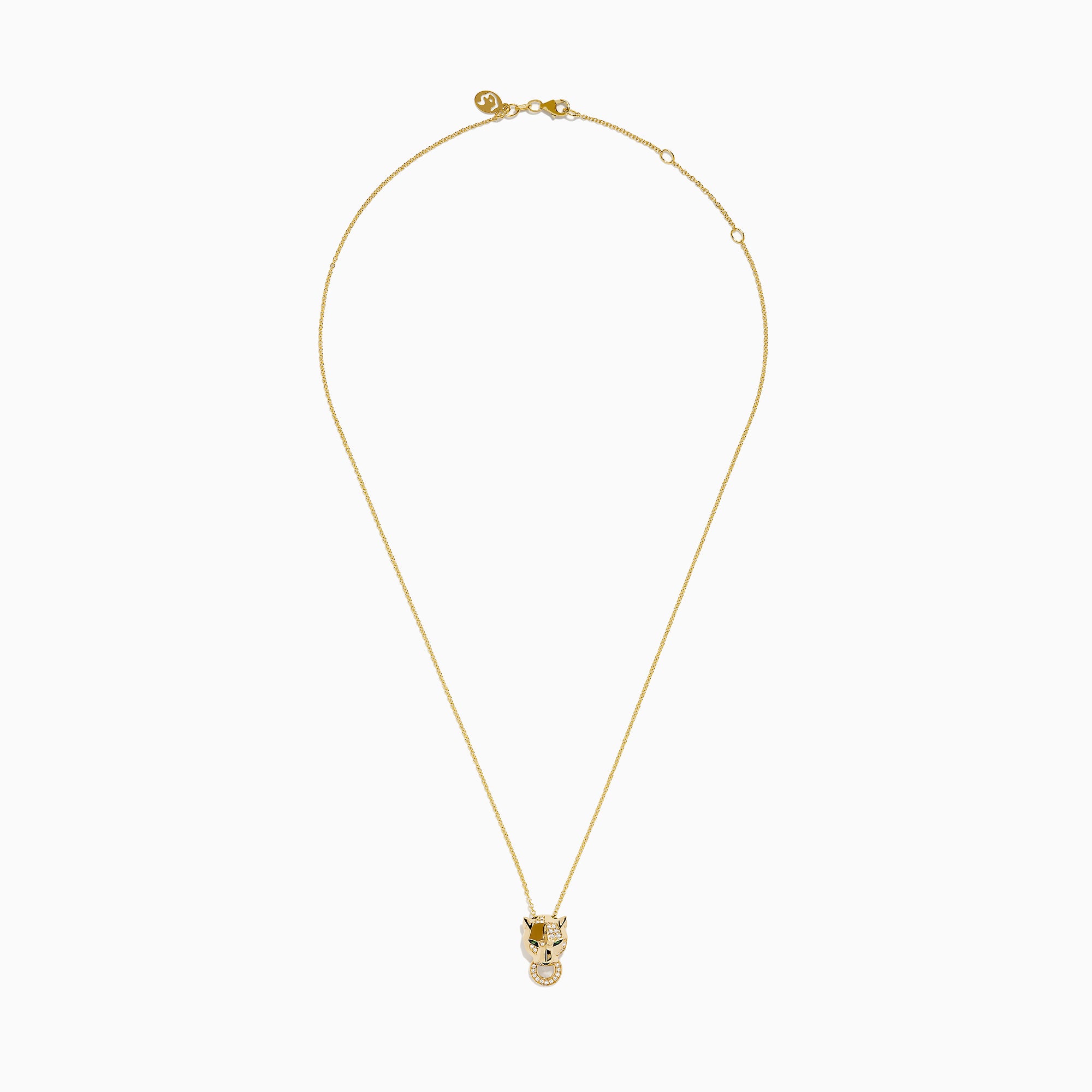 The Signature 14K Yellow Gold Diamond and Tsavorite Panther Pendant showcases a panther’s head with tsavorite eyes, diamond accents, and a diamond-studded ring in its mouth.