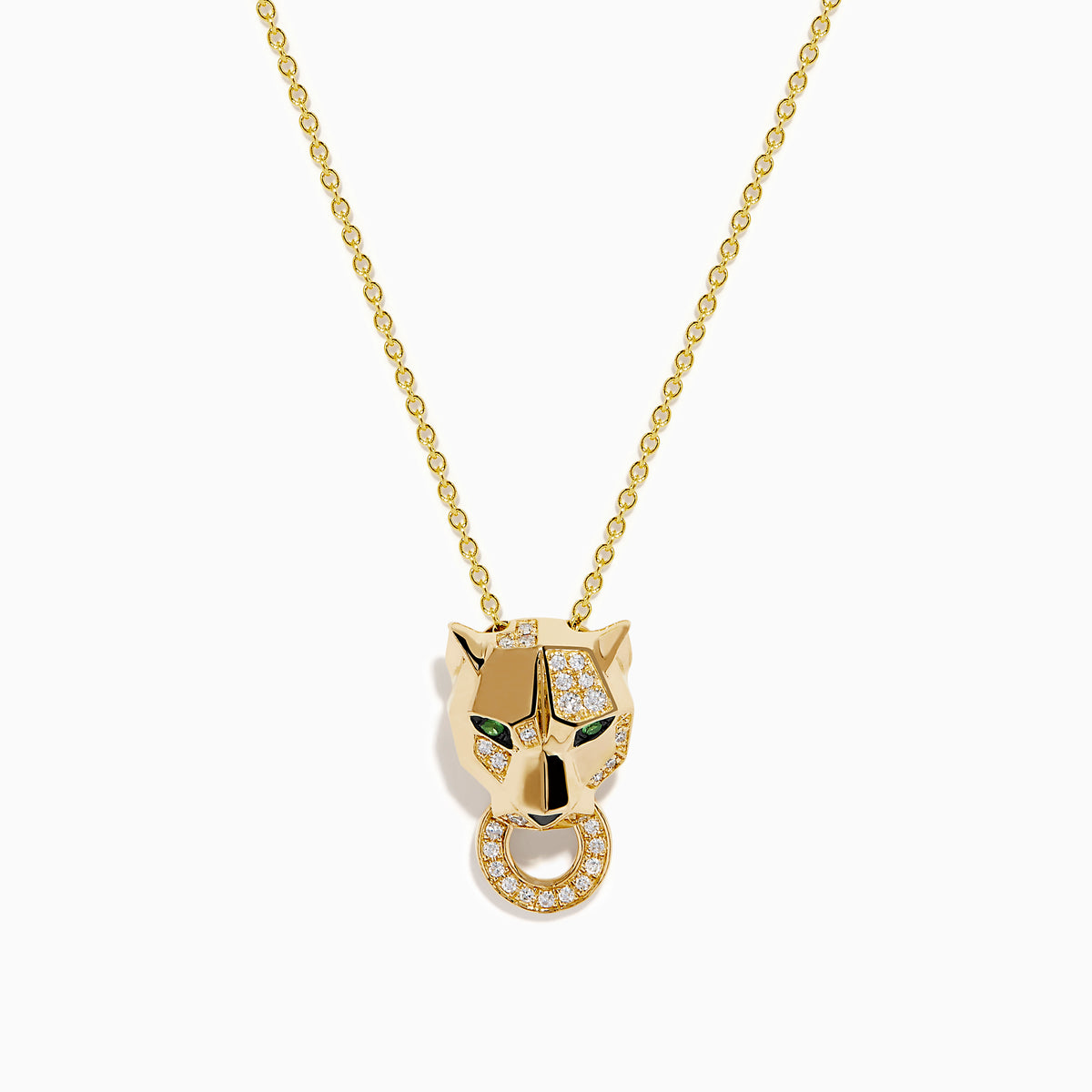 The Signature 14K Yellow Gold Diamond and Tsavorite Panther Pendant showcases a panther’s head with tsavorite eyes, diamond accents, and a diamond-studded ring in its mouth.