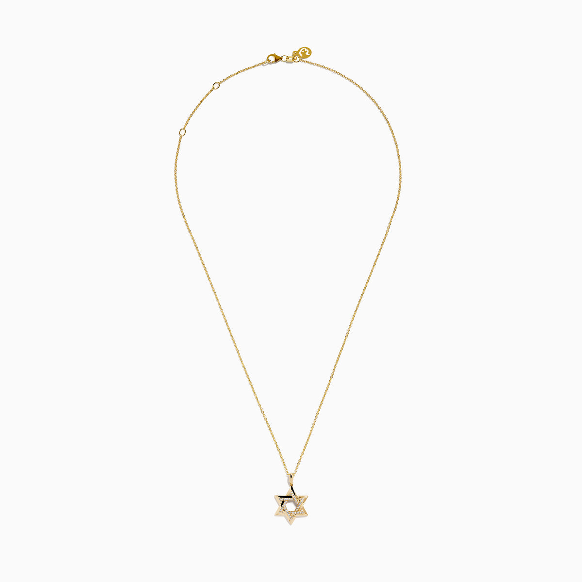 Novelty 14K Yellow Gold Star of David Diamond Pendant displayed on a gold chain, featuring sparkling diamonds set along the edges of the star, shown against a plain white background.