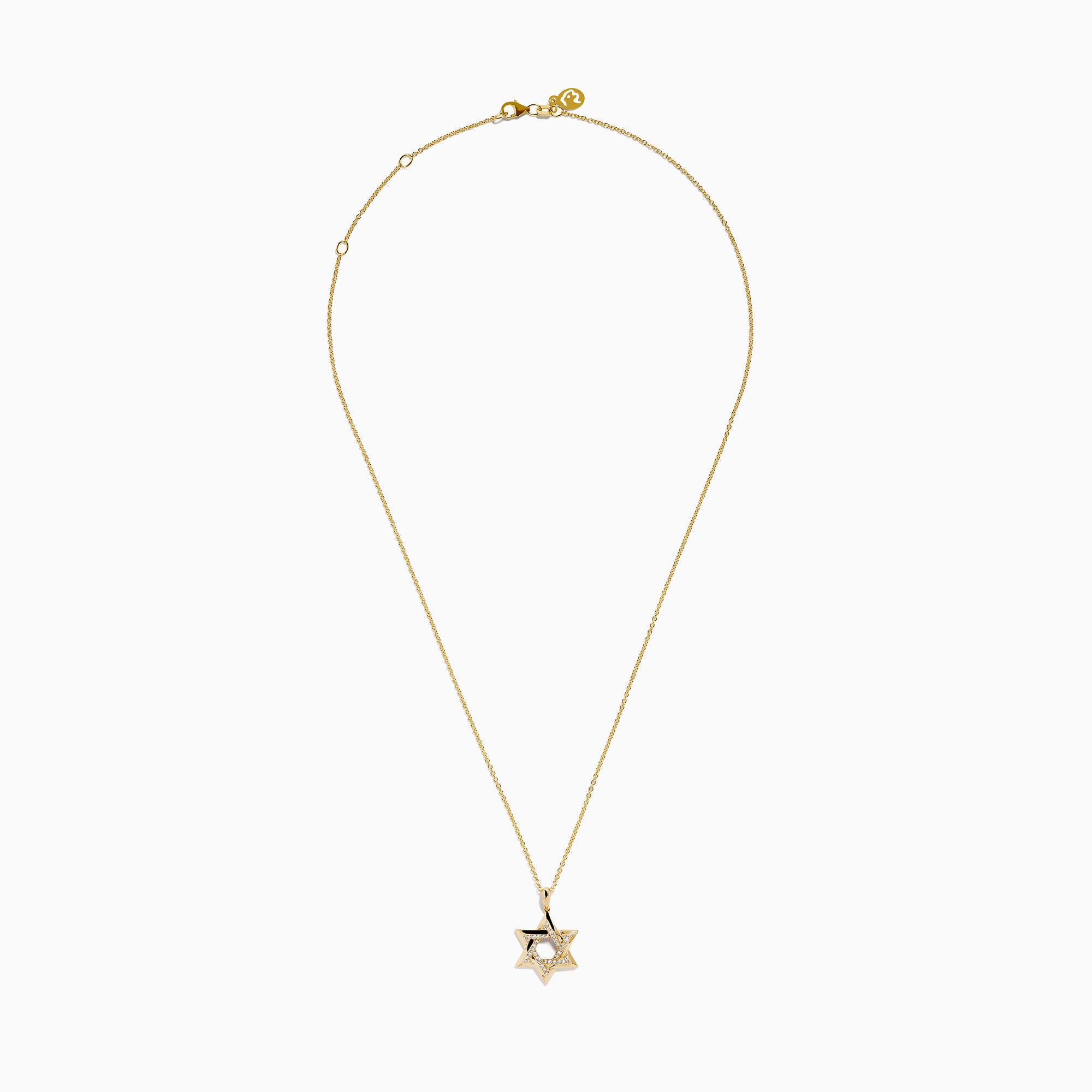 Novelty 14K Yellow Gold Star of David Diamond Pendant displayed on a gold chain, featuring sparkling diamonds set along the edges of the star, shown against a plain white background.