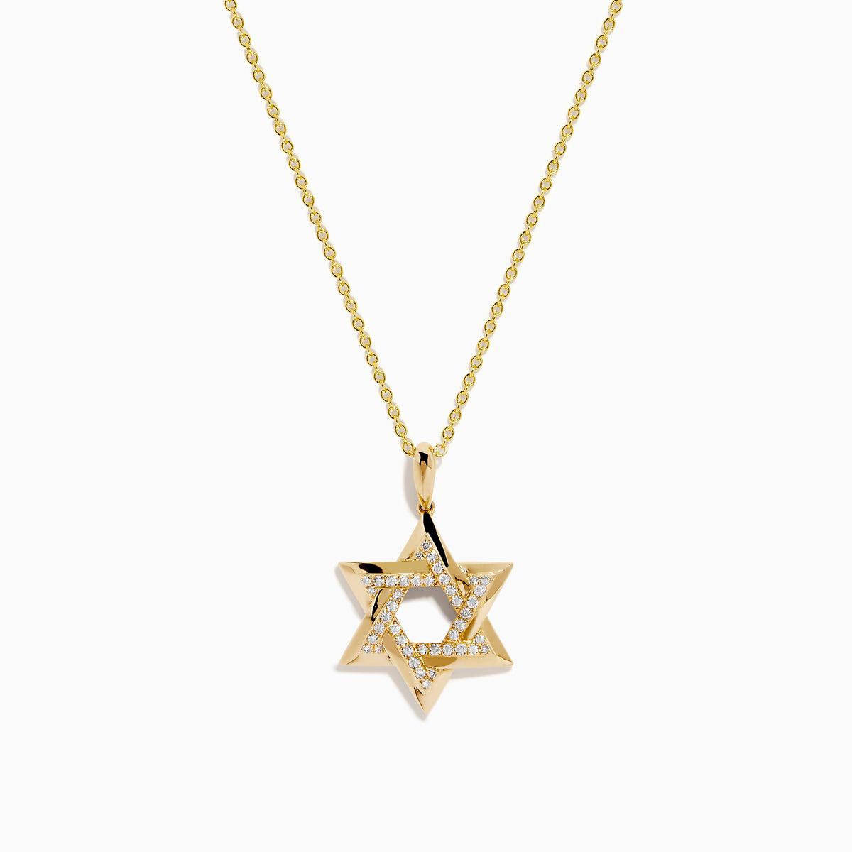 Novelty 14K Yellow Gold Star of David Diamond Pendant displayed on a gold chain, featuring sparkling diamonds set along the edges of the star, shown against a plain white background.