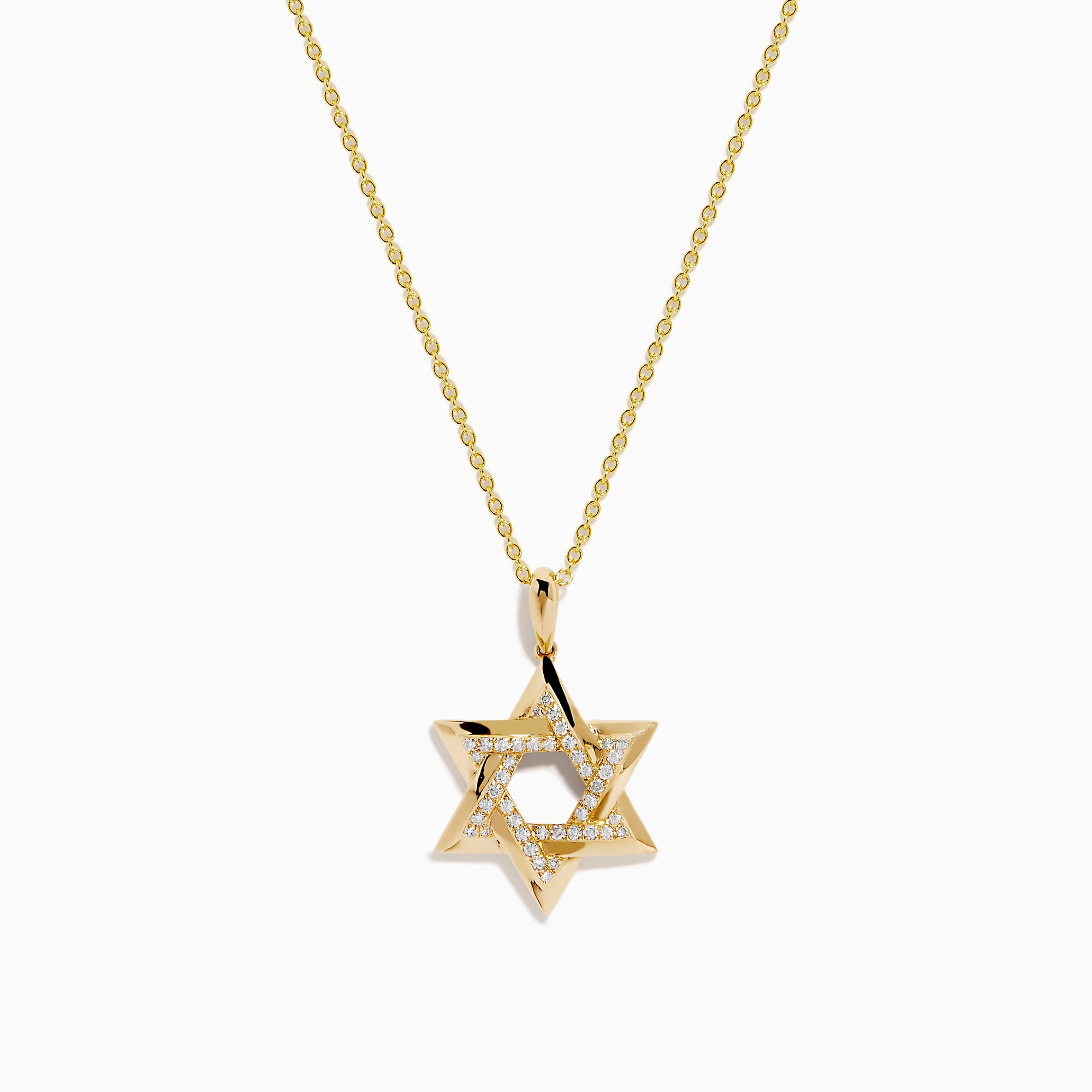 Novelty 14K Yellow Gold Star of David Diamond Pendant displayed on a gold chain, featuring sparkling diamonds set along the edges of the star, shown against a plain white background.