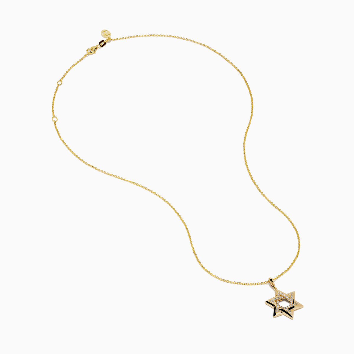 Novelty 14K Yellow Gold Star of David Diamond Pendant displayed on a gold chain, featuring sparkling diamonds set along the edges of the star, shown against a plain white background.