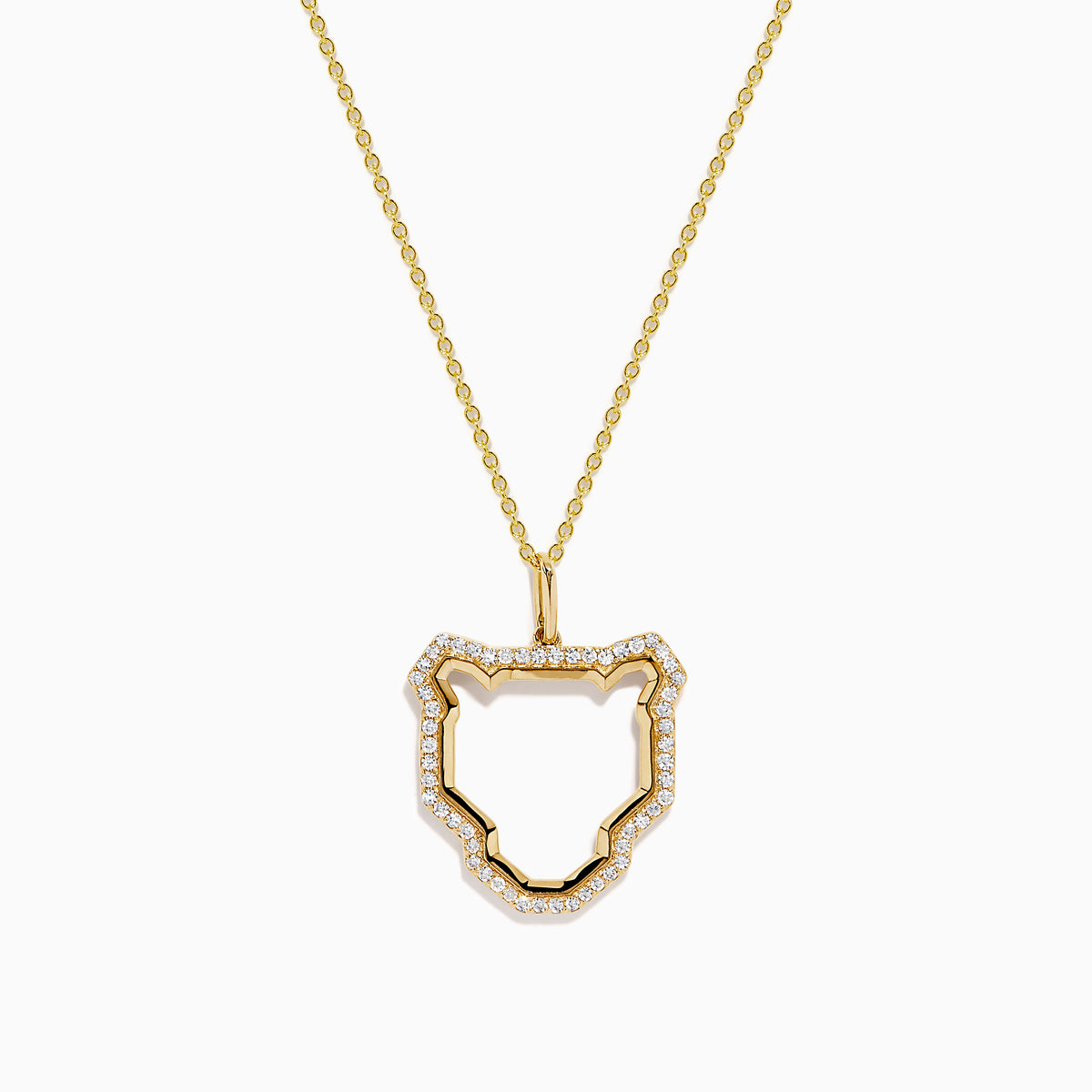 The Signature 14K Yellow Gold Diamond Panther Silhouette Pendant features a minimalist open panther design on a chain, accented with small white gemstones along the edges.
