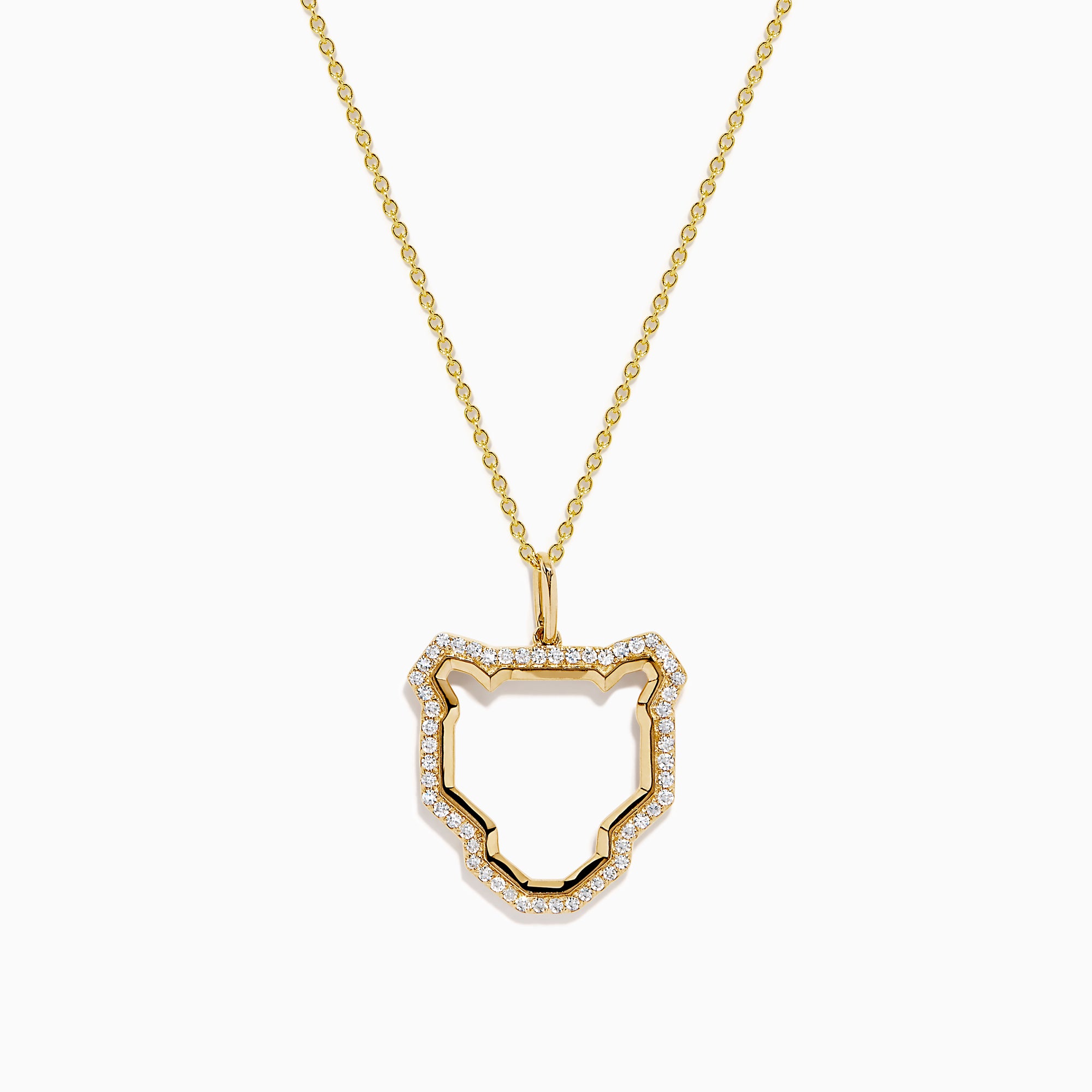 The Signature 14K Yellow Gold Diamond Panther Silhouette Pendant features a minimalist open panther design on a chain, accented with small white gemstones along the edges.