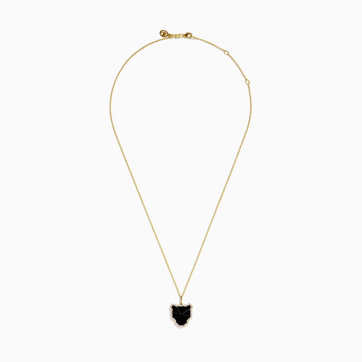 The Signature 14K Yellow Gold Black Agate and Diamond Panther Pendant features a large, irregular black agate bordered with small diamonds, evoking a stylized panther head, shown on a white background.