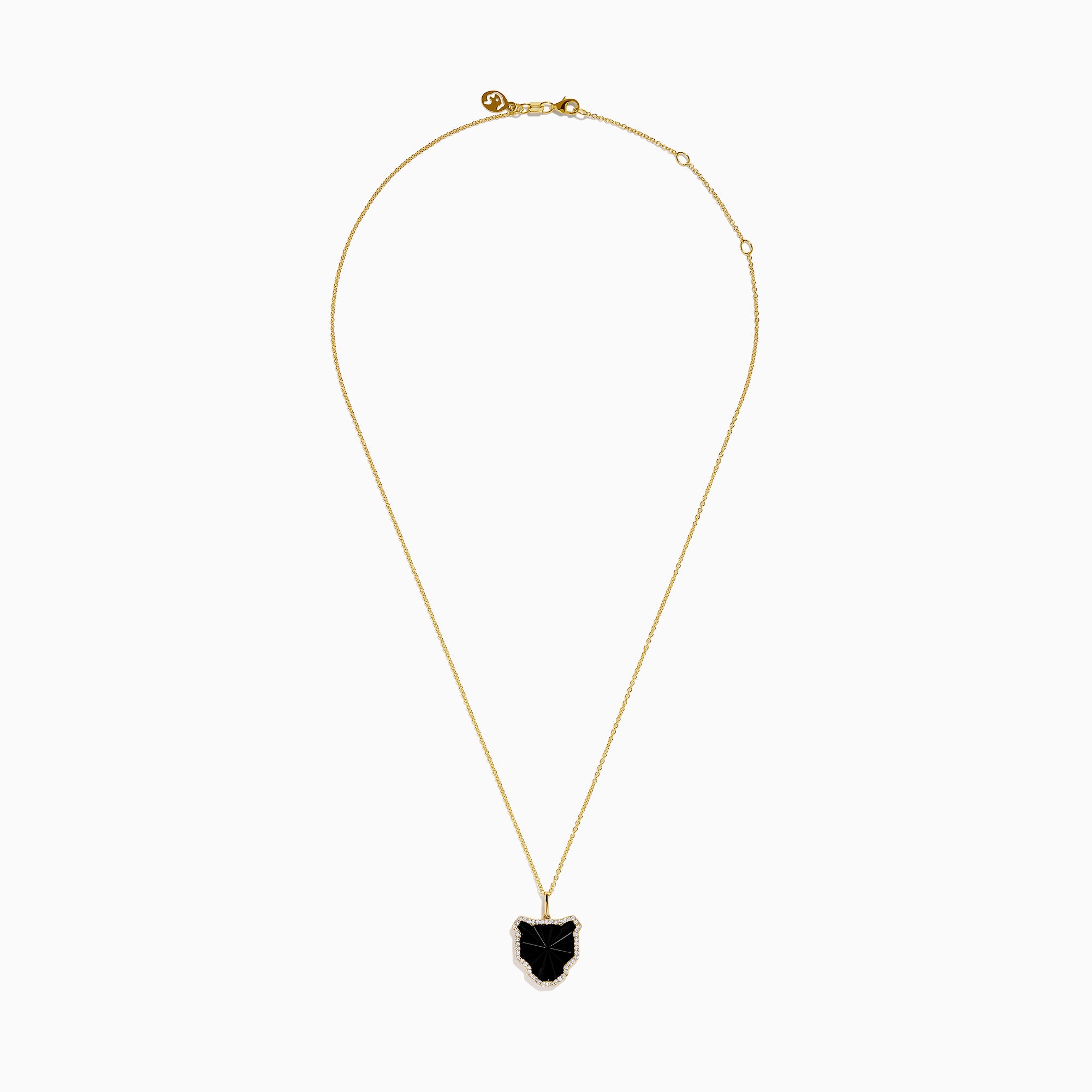 The Signature 14K Yellow Gold Black Agate and Diamond Panther Pendant features a large, irregular black agate bordered with small diamonds, evoking a stylized panther head, shown on a white background.