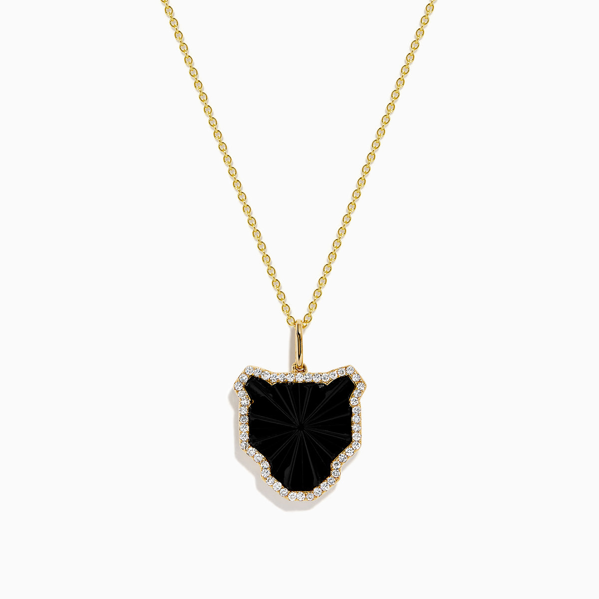The Signature 14K Yellow Gold Black Agate and Diamond Panther Pendant features a large, irregular black agate bordered with small diamonds, evoking a stylized panther head, shown on a white background.