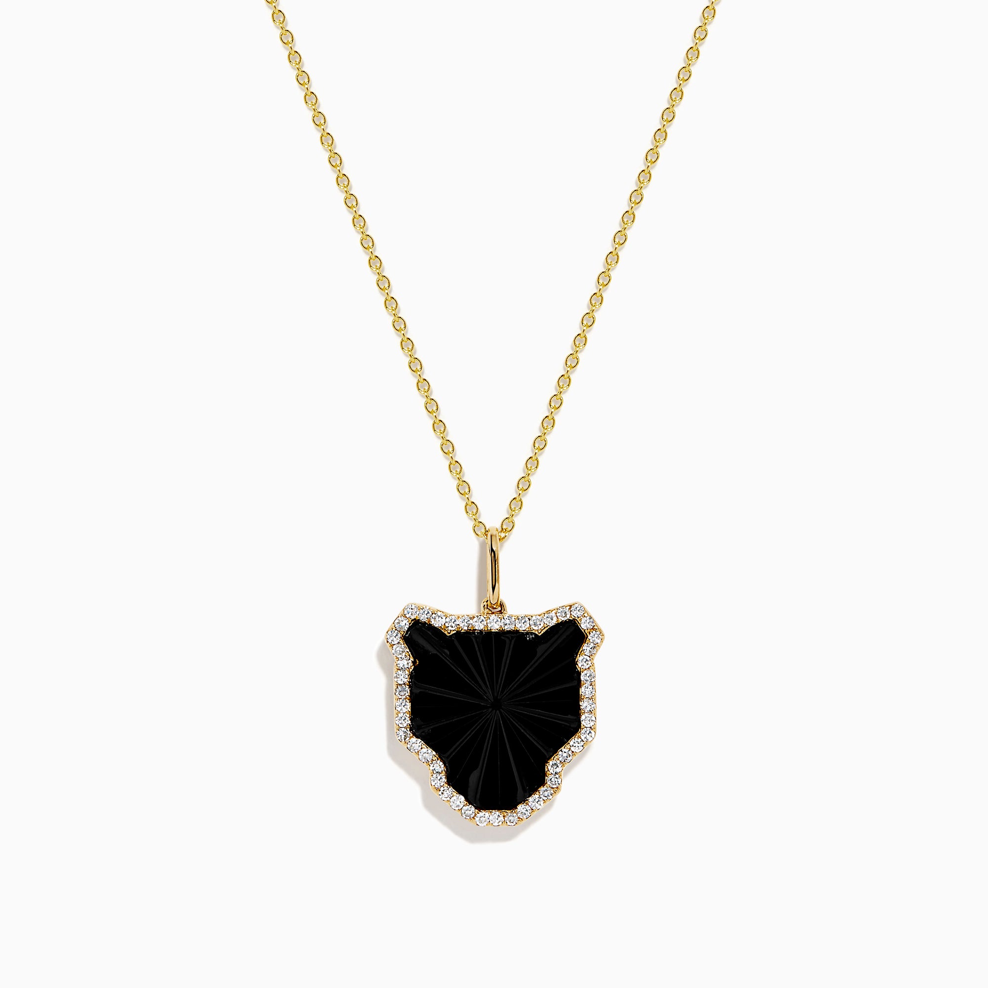 The Signature 14K Yellow Gold Black Agate and Diamond Panther Pendant features a large, irregular black agate bordered with small diamonds, evoking a stylized panther head, shown on a white background.
