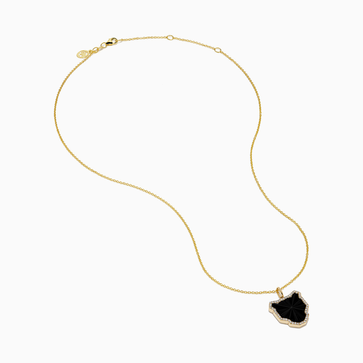 The Signature 14K Yellow Gold Black Agate and Diamond Panther Pendant features a large, irregular black agate bordered with small diamonds, evoking a stylized panther head, shown on a white background.