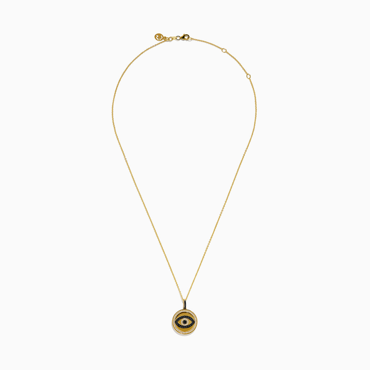 The Novelty 14K Yellow Gold Black and White Diamond Evil Eye Pendant features a round charm with black and white diamonds forming an eye, accented by a border of small clear stones.
