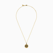 The Novelty 14K Yellow Gold Black and White Diamond Evil Eye Pendant features a round charm with black and white diamonds forming an eye, accented by a border of small clear stones.