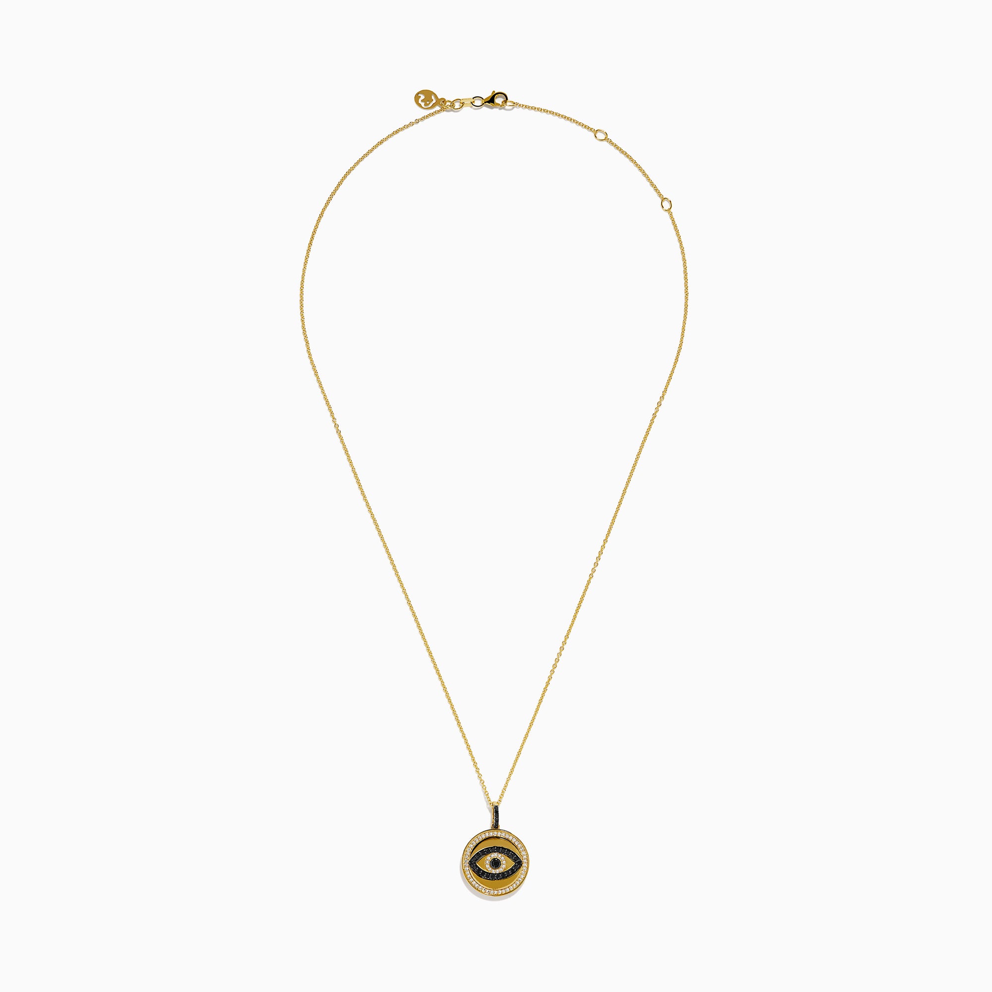 The Novelty 14K Yellow Gold Black and White Diamond Evil Eye Pendant features a round charm with black and white diamonds forming an eye, accented by a border of small clear stones.