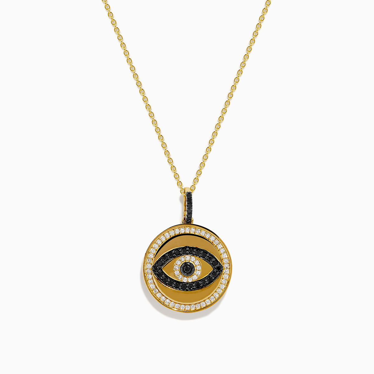 The Novelty 14K Yellow Gold Black and White Diamond Evil Eye Pendant features a round charm with black and white diamonds forming an eye, accented by a border of small clear stones.