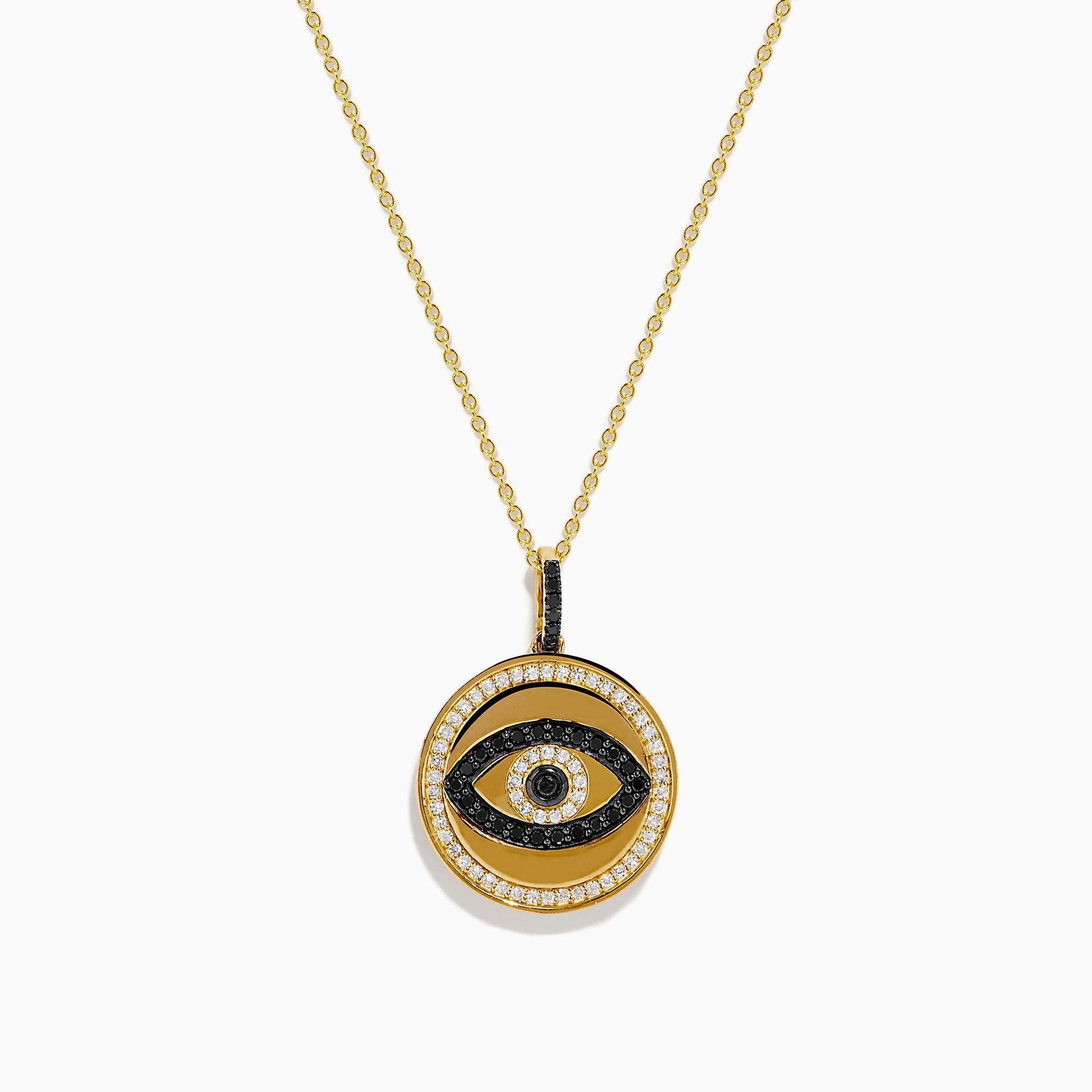 The Novelty 14K Yellow Gold Black and White Diamond Evil Eye Pendant features a round charm with black and white diamonds forming an eye, accented by a border of small clear stones.
