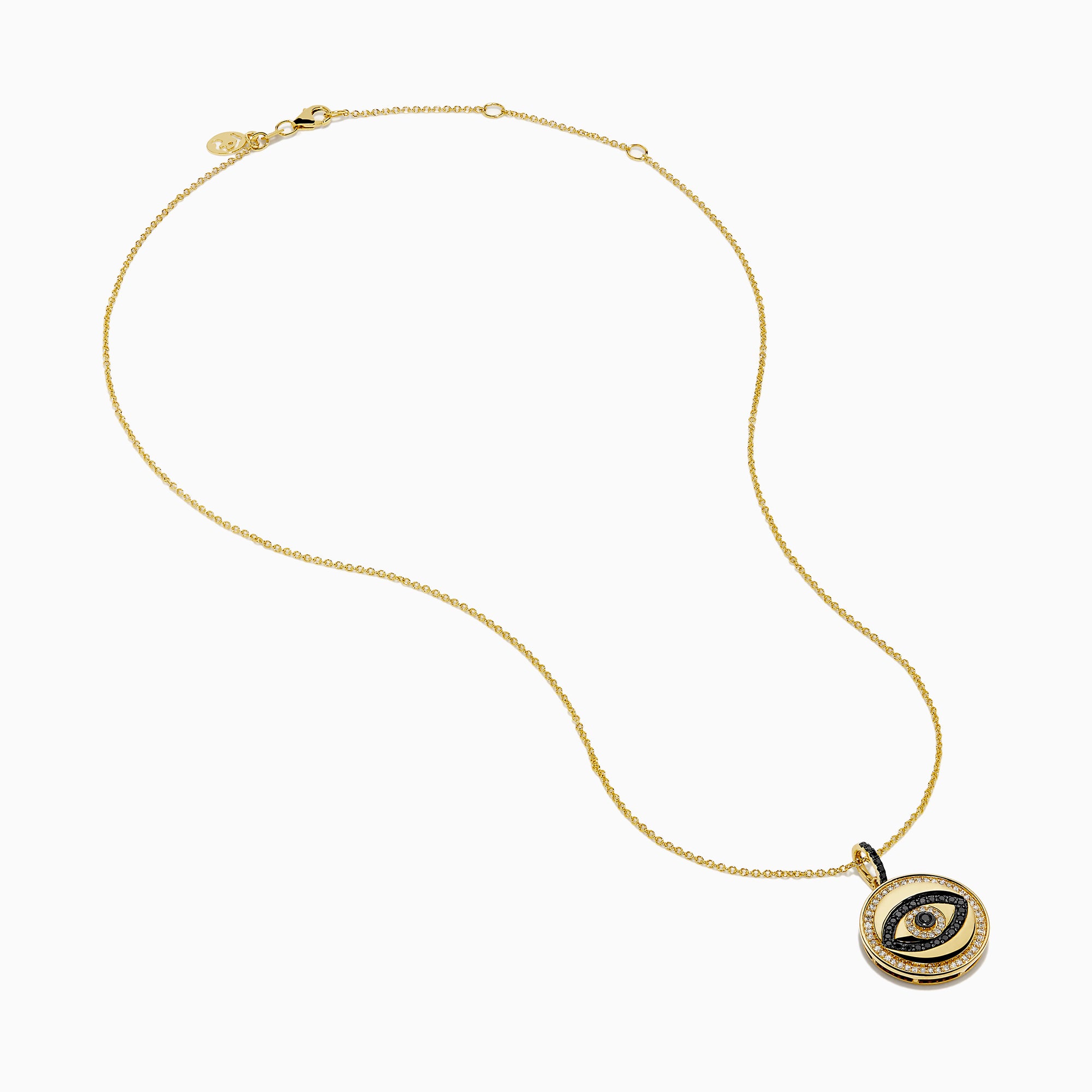 The Novelty 14K Yellow Gold Black and White Diamond Evil Eye Pendant features a round charm with black and white diamonds forming an eye, accented by a border of small clear stones.