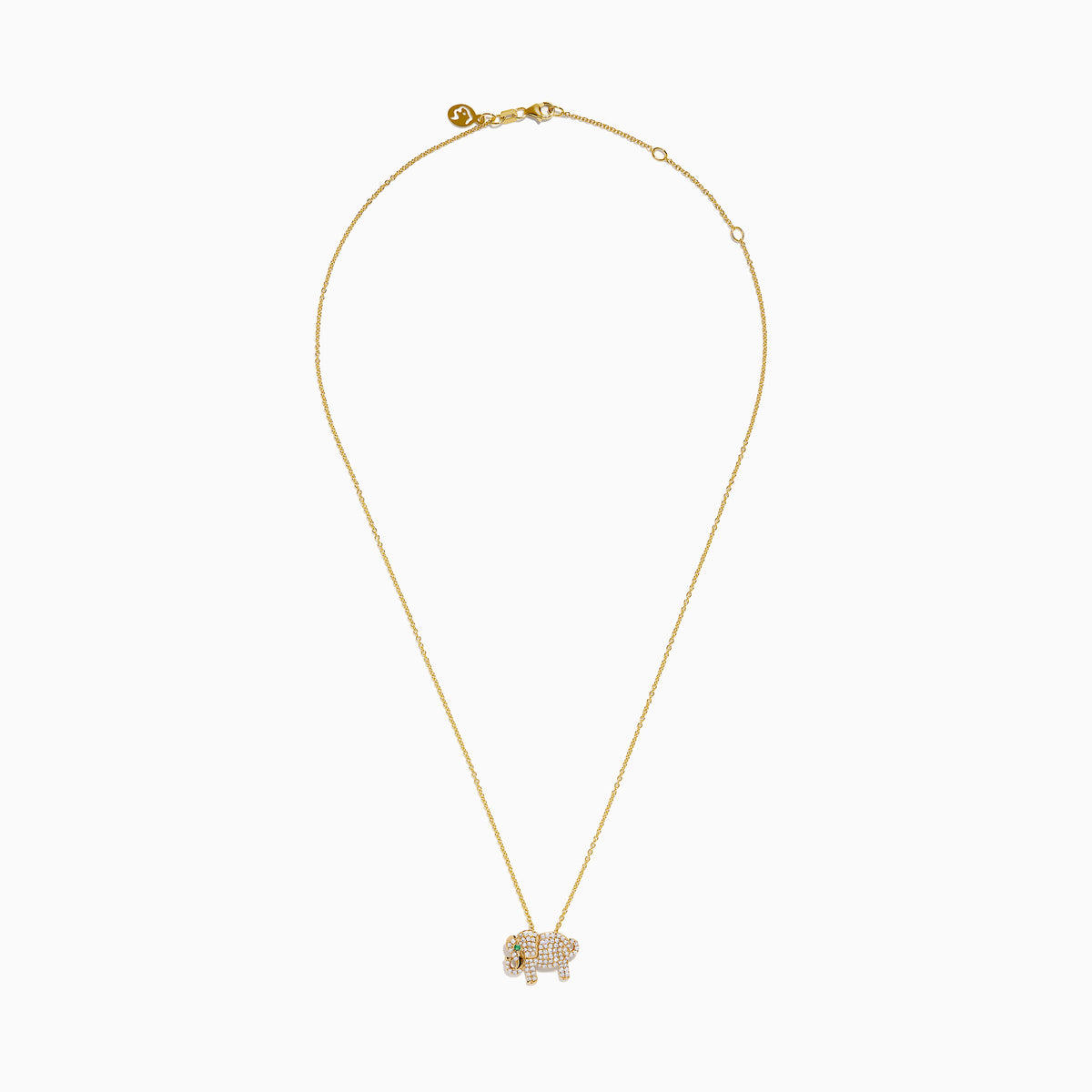 The Safari 14K Yellow Gold Diamond and Emerald Elephant Pendant features an elephant-shaped charm adorned with sparkling diamonds and a vivid emerald eye, suspended from a delicate yellow gold chain for an elegant touch.