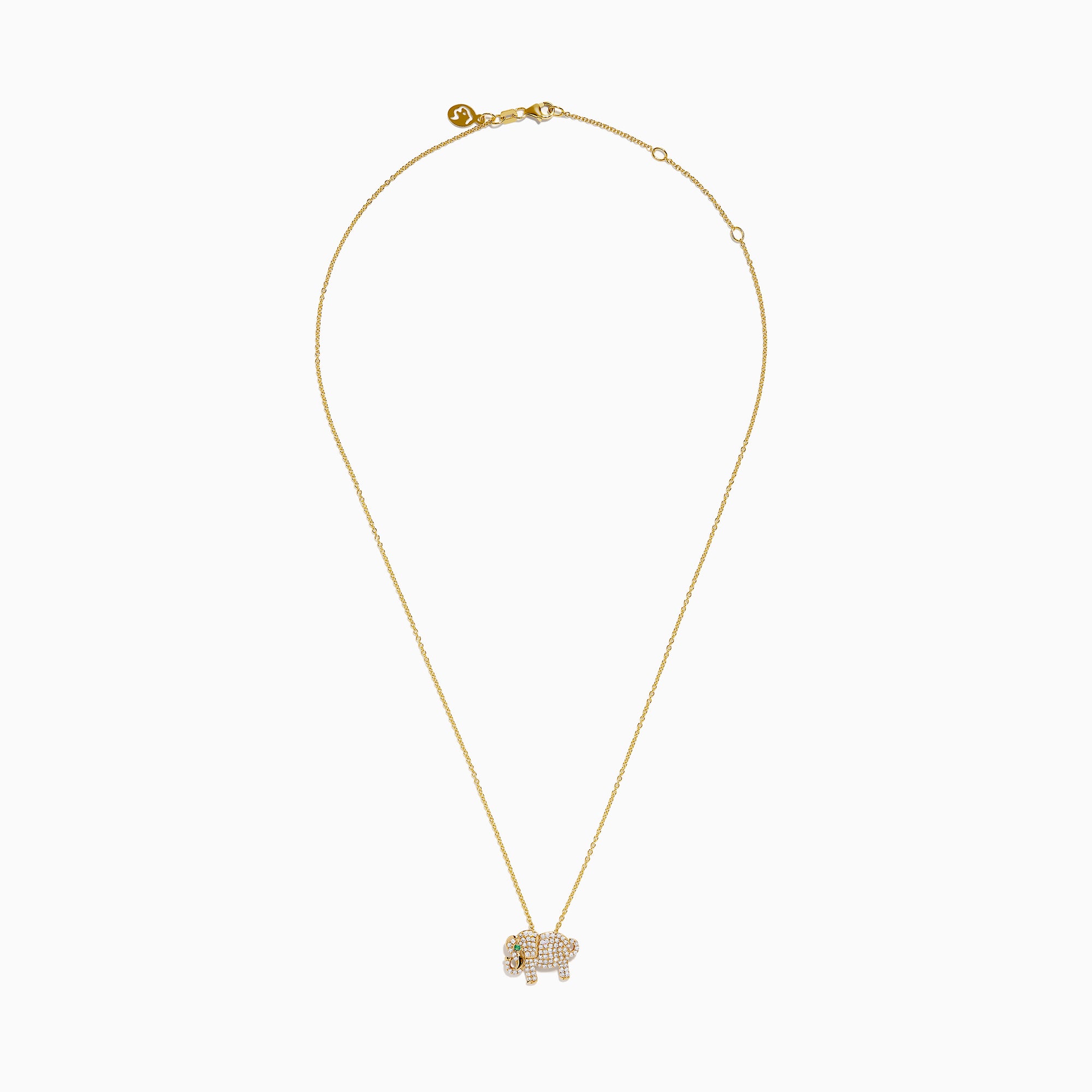 The Safari 14K Yellow Gold Diamond and Emerald Elephant Pendant features an elephant-shaped charm adorned with sparkling diamonds and a vivid emerald eye, suspended from a delicate yellow gold chain for an elegant touch.