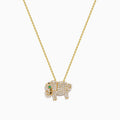 The Safari 14K Yellow Gold Diamond and Emerald Elephant Pendant features an elephant-shaped charm adorned with sparkling diamonds and a vivid emerald eye, suspended from a delicate yellow gold chain for an elegant touch.