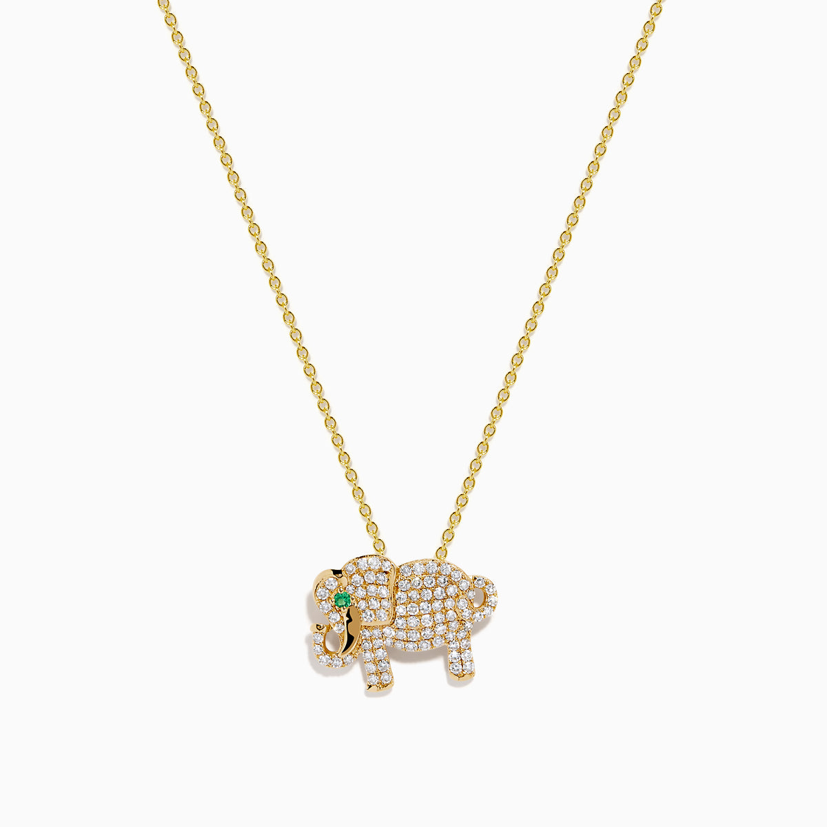 The Safari 14K Yellow Gold Diamond and Emerald Elephant Pendant features an elephant-shaped charm adorned with sparkling diamonds and a vivid emerald eye, suspended from a delicate yellow gold chain for an elegant touch.