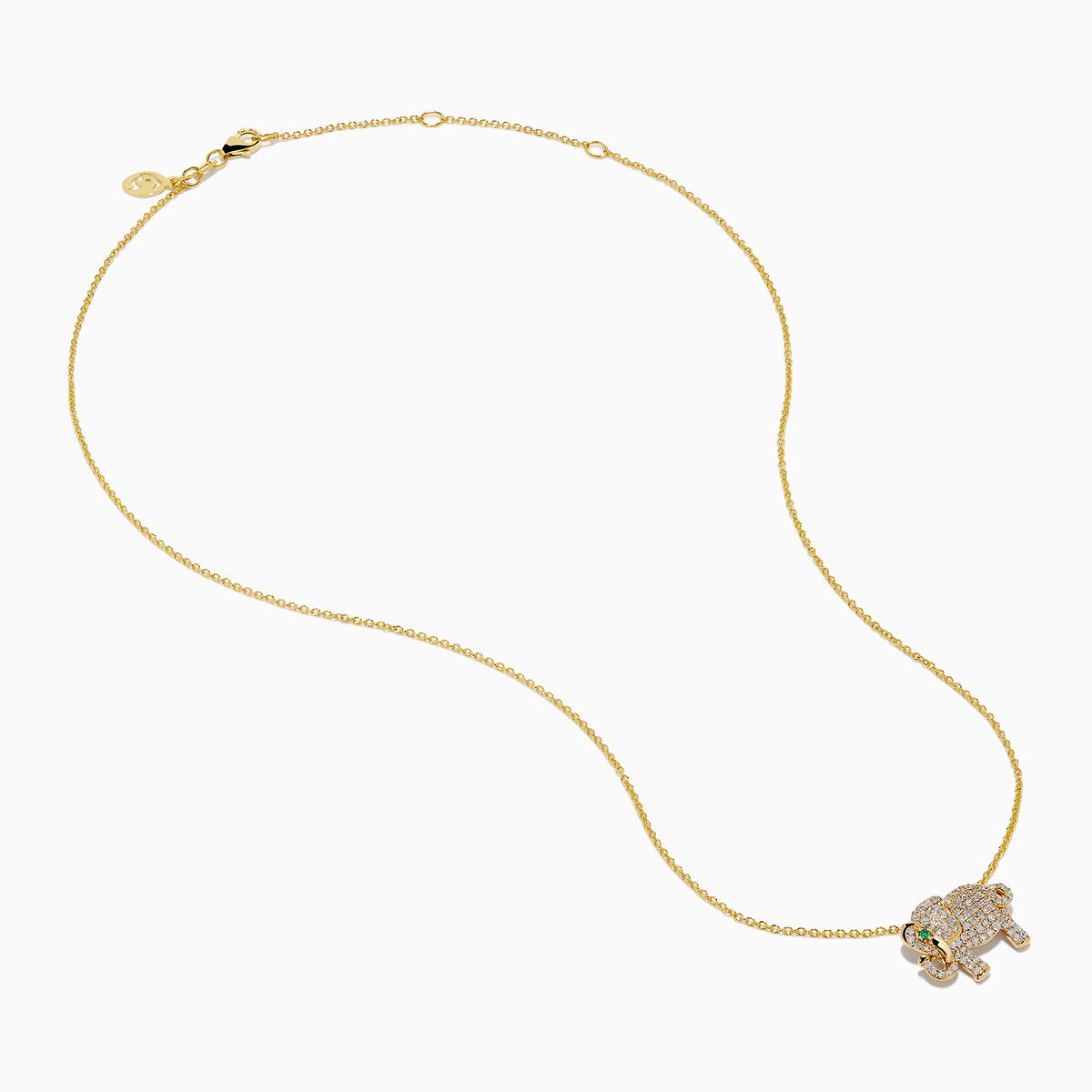 The Safari 14K Yellow Gold Diamond and Emerald Elephant Pendant features an elephant-shaped charm adorned with sparkling diamonds and a vivid emerald eye, suspended from a delicate yellow gold chain for an elegant touch.