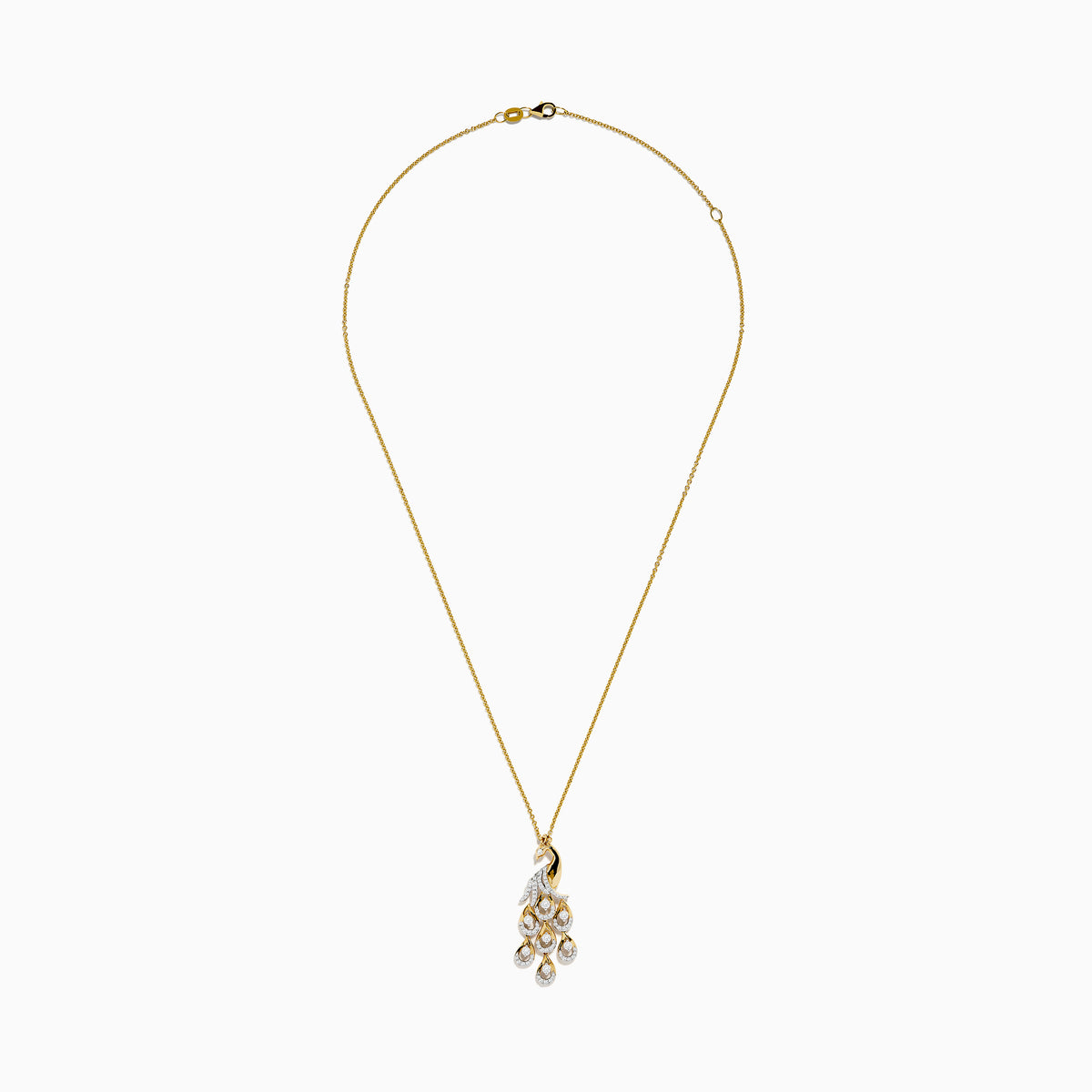 The Safari 14K Yellow Gold Diamond Peacock Pendant features an intricately detailed peacock with diamond-adorned tail feathers, suspended from a 14K yellow gold chain, shown on a white background.
