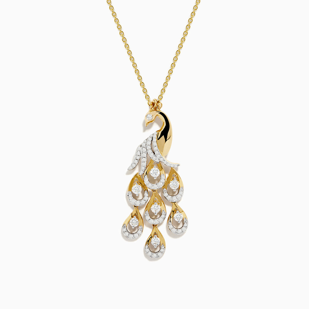 The Safari 14K Yellow Gold Diamond Peacock Pendant features an intricately detailed peacock with diamond-adorned tail feathers, suspended from a 14K yellow gold chain, shown on a white background.