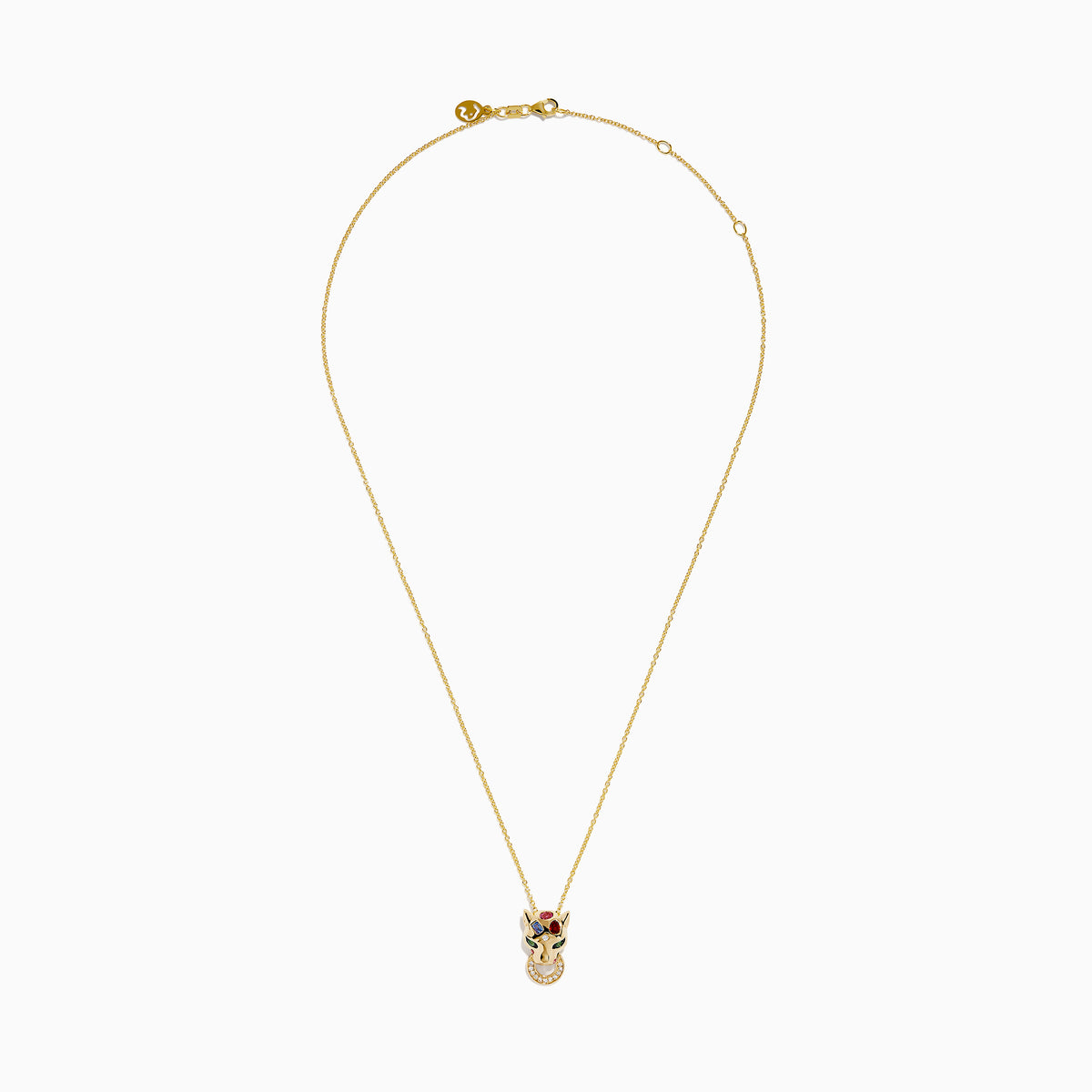 The Signature 14K Yellow Gold Multi Sapphire and Diamond Panther Pendant features a diamond panther with colorful sapphire accents and a circular ring set with small clear stones held in its mouth.