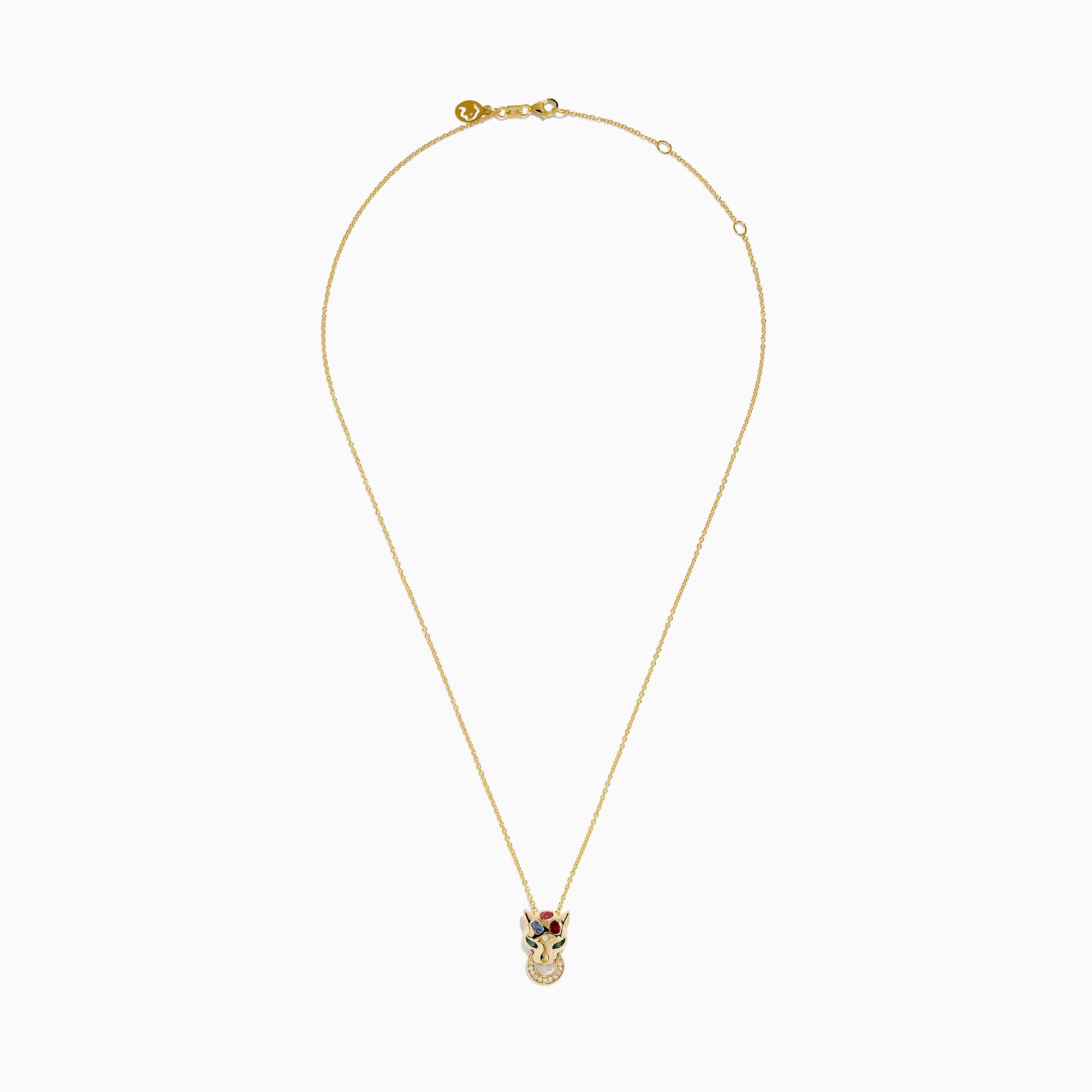 The Signature 14K Yellow Gold Multi Sapphire and Diamond Panther Pendant features a diamond panther with colorful sapphire accents and a circular ring set with small clear stones held in its mouth.
