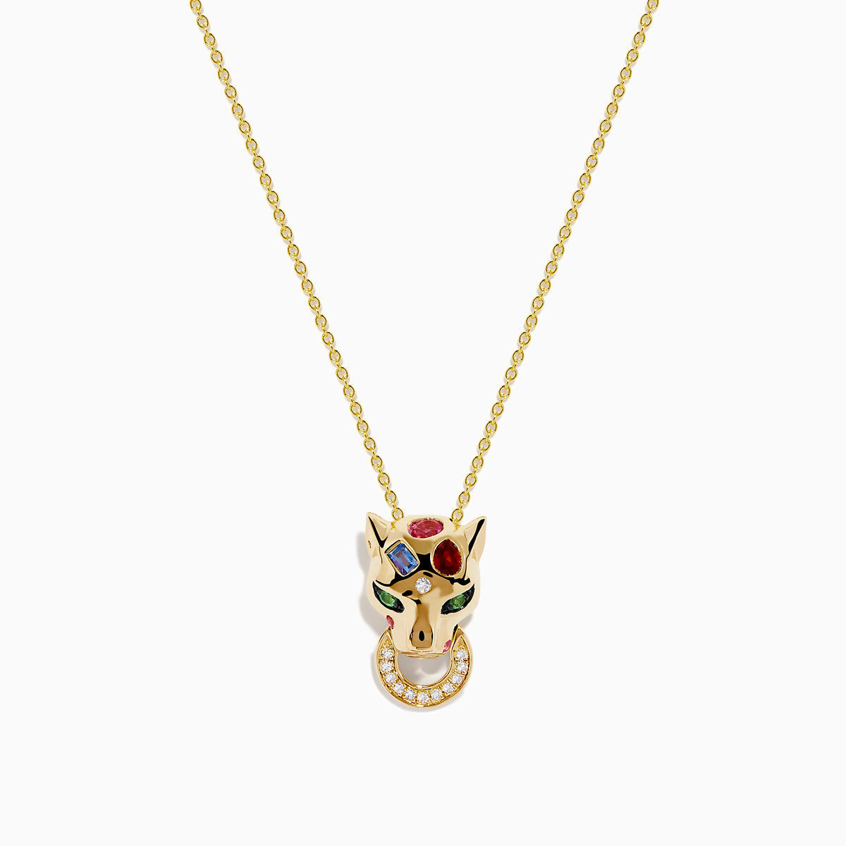 The Signature 14K Yellow Gold Multi Sapphire and Diamond Panther Pendant features a diamond panther with colorful sapphire accents and a circular ring set with small clear stones held in its mouth.