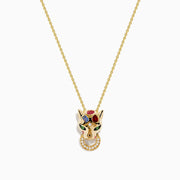 The Signature 14K Yellow Gold Multi Sapphire and Diamond Panther Pendant features a diamond panther with colorful sapphire accents and a circular ring set with small clear stones held in its mouth.