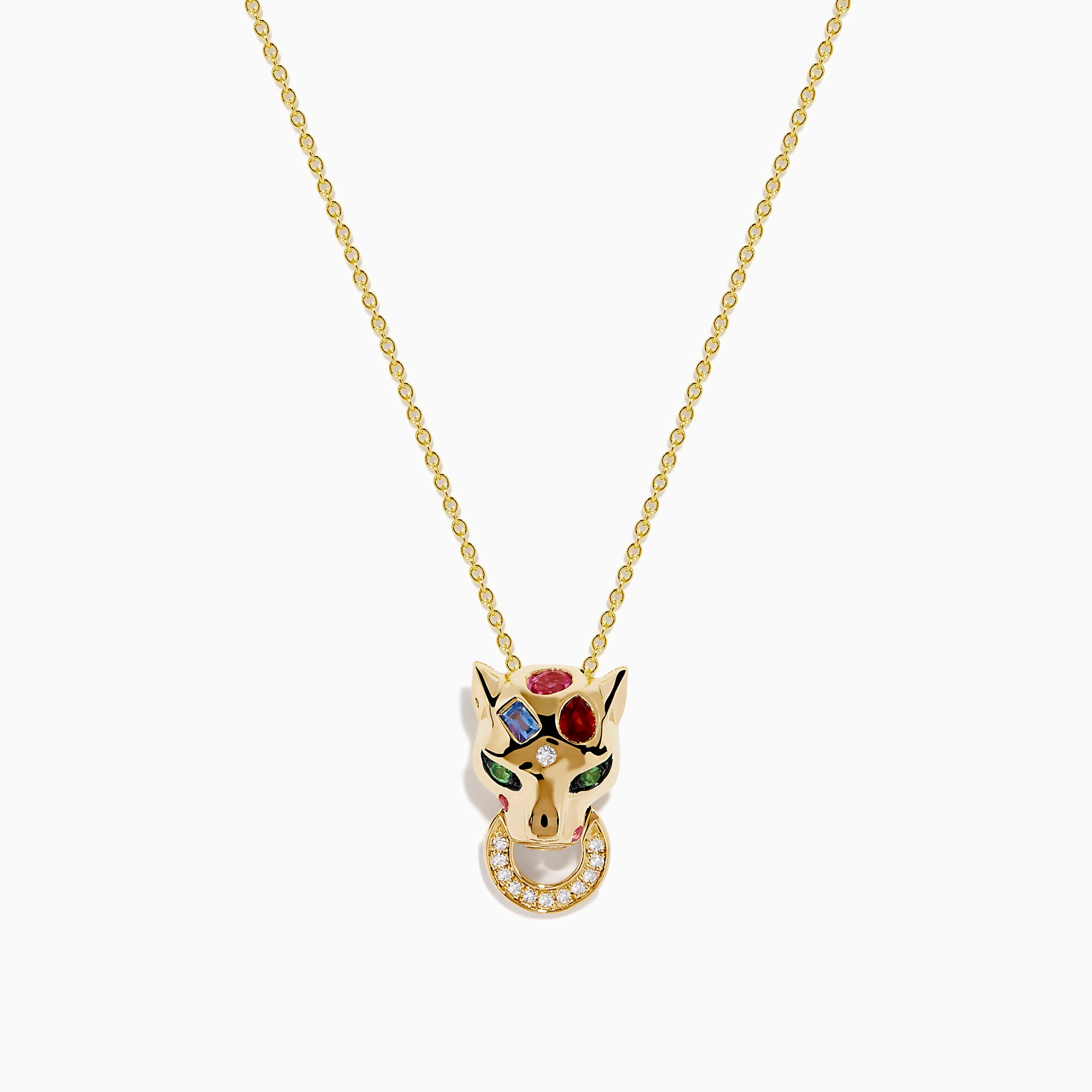 The Signature 14K Yellow Gold Multi Sapphire and Diamond Panther Pendant features a diamond panther with colorful sapphire accents and a circular ring set with small clear stones held in its mouth.