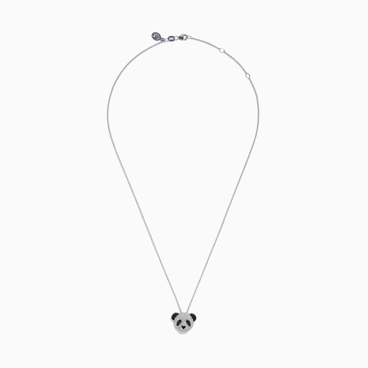 The Safari 14K White Gold Black and White Diamond Panda Pendant showcases a panda’s face adorned with sparkling black and white diamonds, highlighting its charming features.