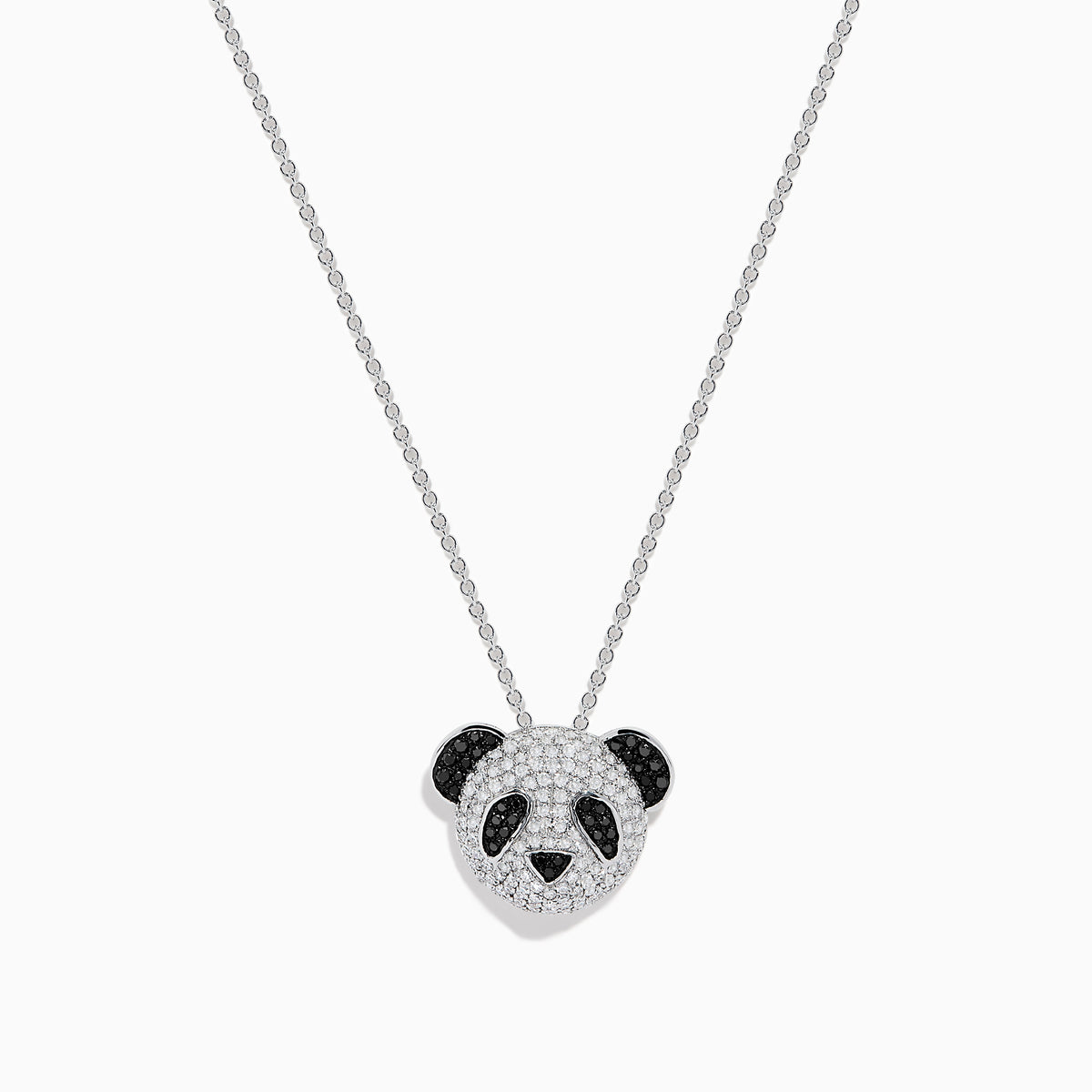 The Safari 14K White Gold Black and White Diamond Panda Pendant showcases a panda’s face adorned with sparkling black and white diamonds, highlighting its charming features.