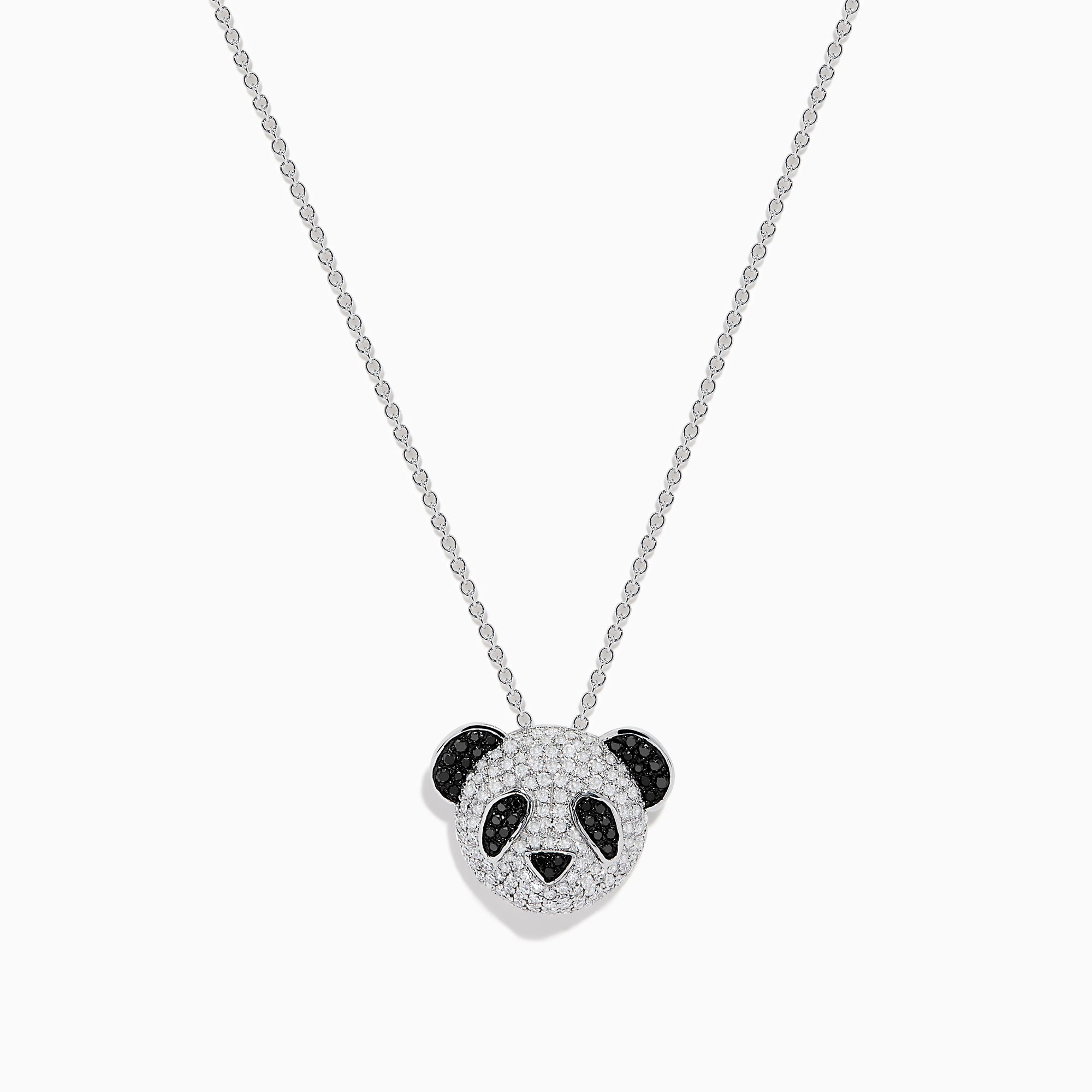 The Safari 14K White Gold Black and White Diamond Panda Pendant showcases a panda’s face adorned with sparkling black and white diamonds, highlighting its charming features.