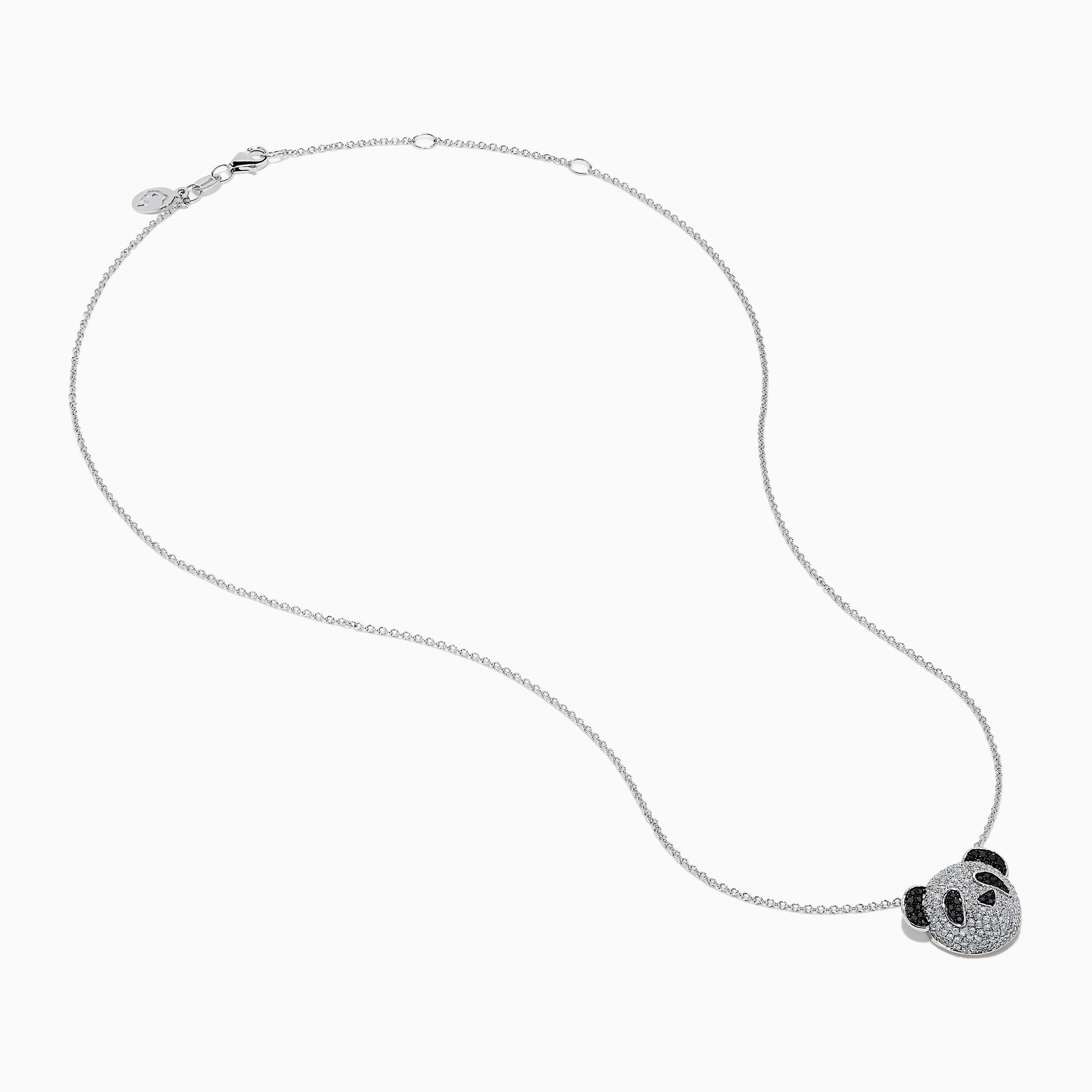 The Safari 14K White Gold Black and White Diamond Panda Pendant showcases a panda’s face adorned with sparkling black and white diamonds, highlighting its charming features.