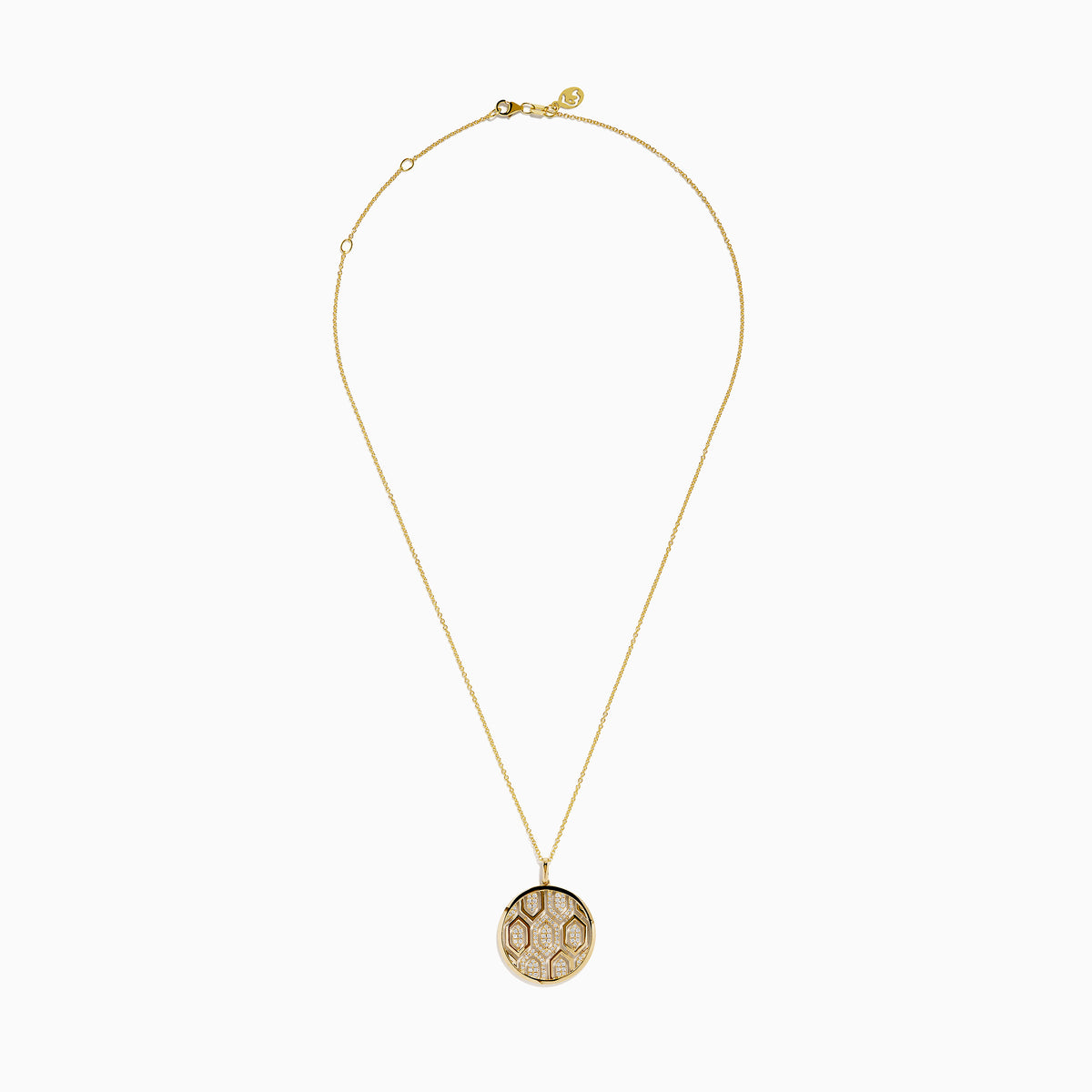The D'Oro 14K Yellow Gold Geometric Diamond Pendant features a round yellow gold design with a hexagon diamond pattern, suspended from a delicate gold chain and shown on a white background.