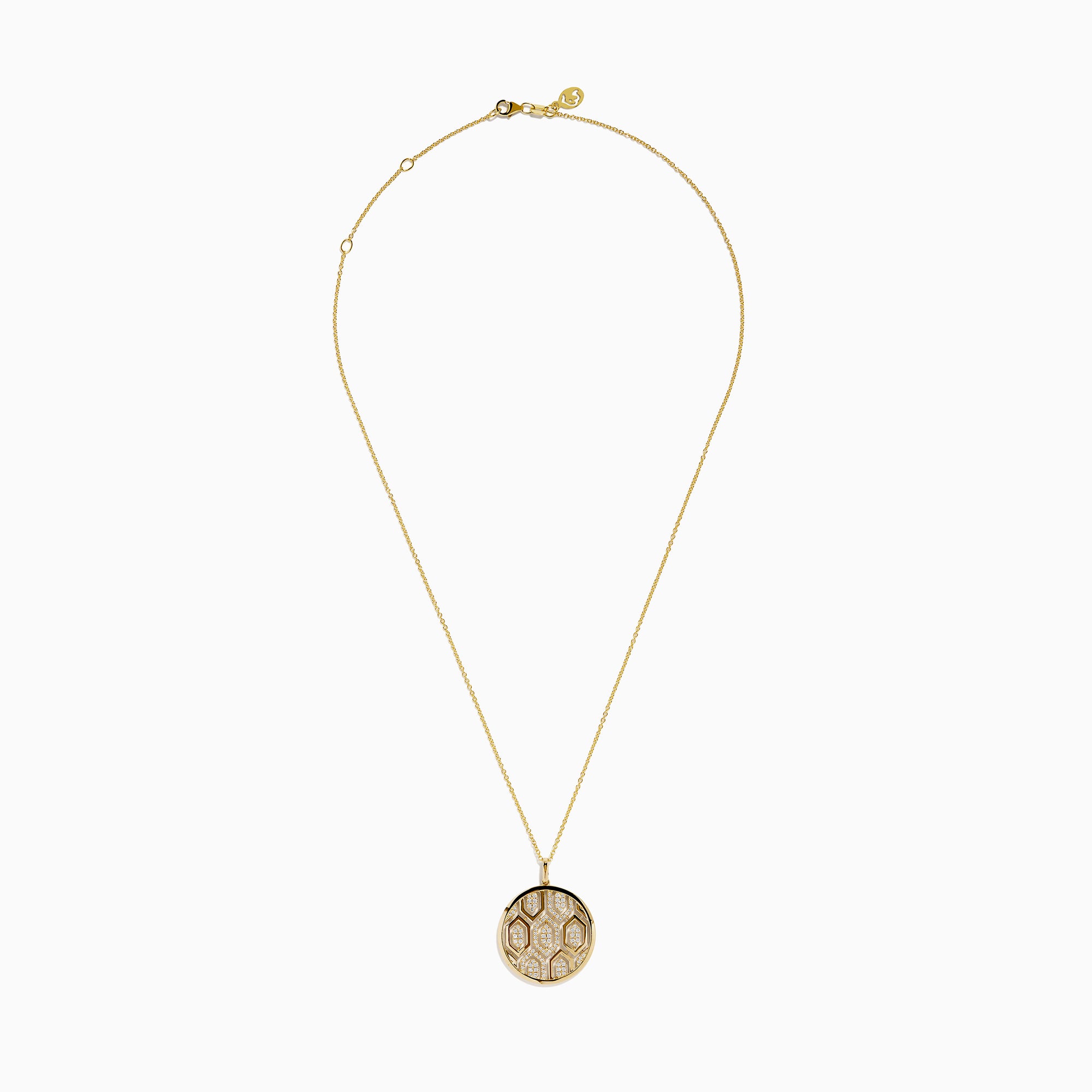 The D'Oro 14K Yellow Gold Geometric Diamond Pendant features a round yellow gold design with a hexagon diamond pattern, suspended from a delicate gold chain and shown on a white background.