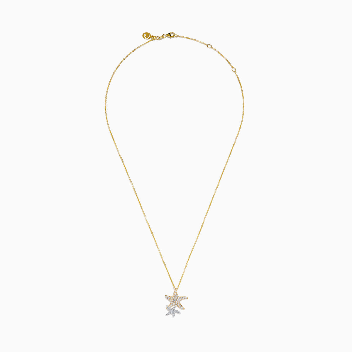 The 14K Two-Tone Gold Diamond Double Starfish Duo Pendant features a gold starfish with sparkling diamonds alongside a silver diamond starfish, creating an elegant, layered necklace look.