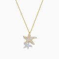 The 14K Two-Tone Gold Diamond Double Starfish Duo Pendant features a gold starfish with sparkling diamonds alongside a silver diamond starfish, creating an elegant, layered necklace look.
