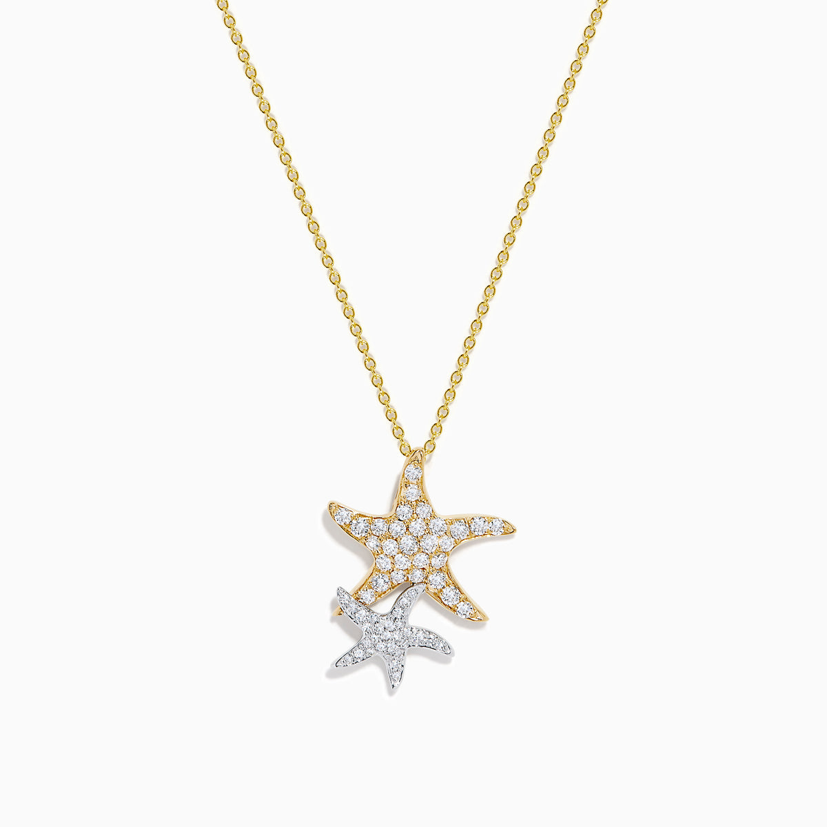 The 14K Two-Tone Gold Diamond Double Starfish Duo Pendant features a gold starfish with sparkling diamonds alongside a silver diamond starfish, creating an elegant, layered necklace look.