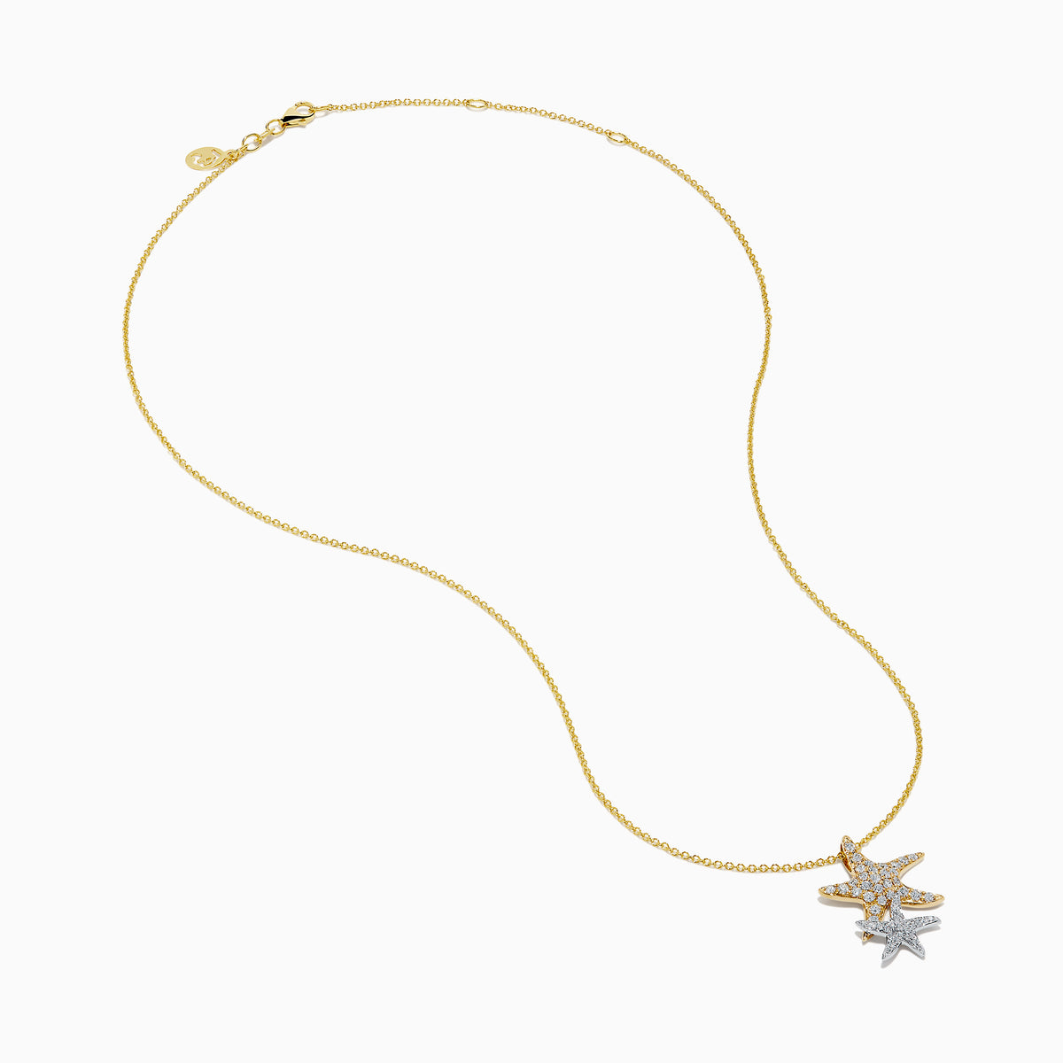 The 14K Two-Tone Gold Diamond Double Starfish Duo Pendant features a gold starfish with sparkling diamonds alongside a silver diamond starfish, creating an elegant, layered necklace look.